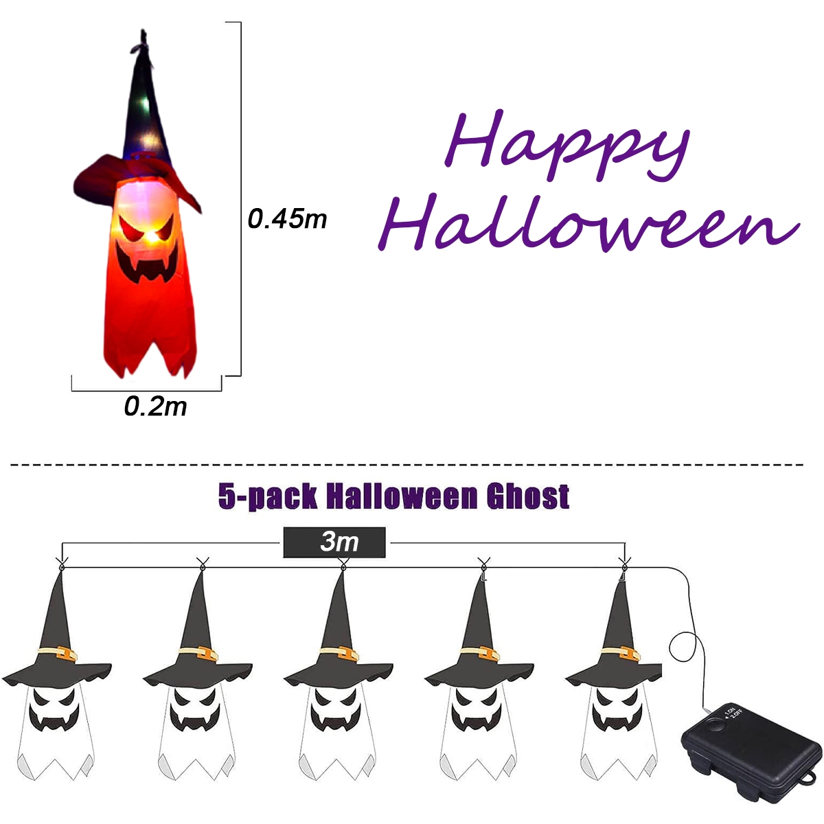Halloween-Dekorationen, darunter ein Geist mit Hexenhut und dem Text 'Happy Halloween'.
