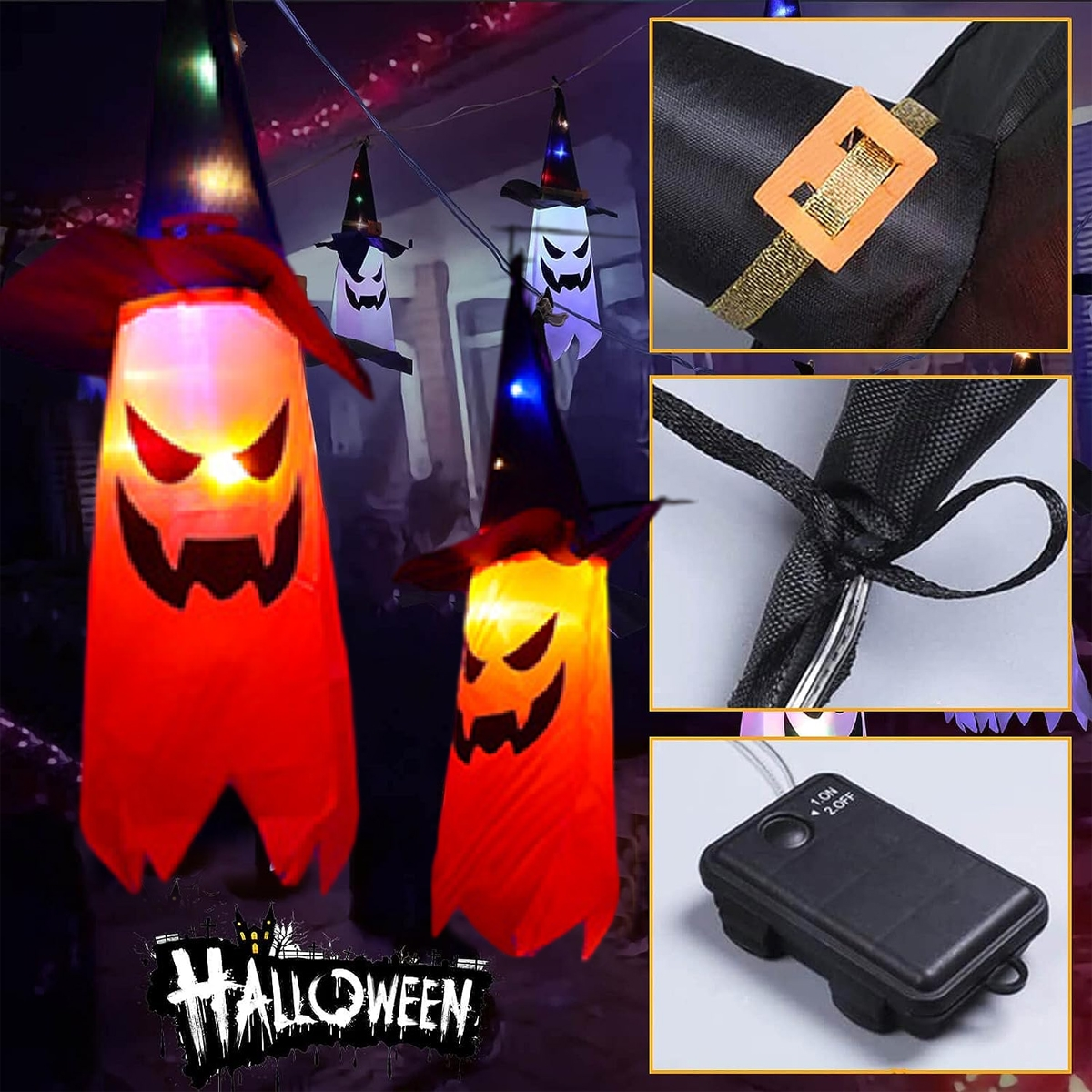 Halloween-Dekorationen: Hexenhüte mit leuchtenden Gesichtern hängen. Nahaufnahmen von Details.