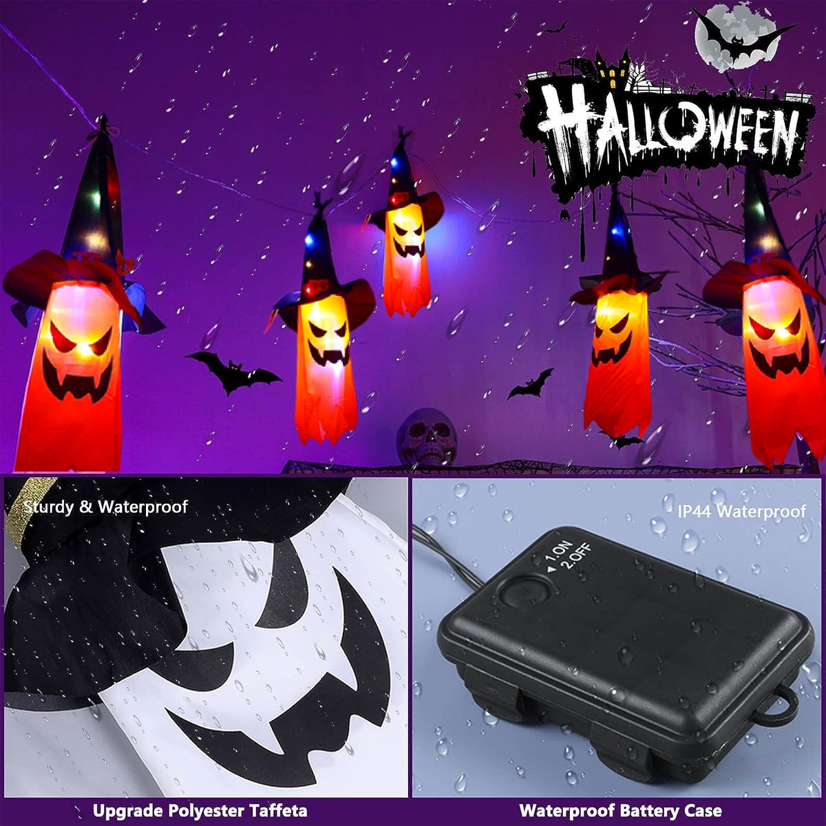 Halloween-Dekorationen. Hexenhüte mit Gesichtern, Fledermäuse und ein Totenkopf. Text: 'Halloween'. Eine wasserdichte Batteriebox wird gezeigt.