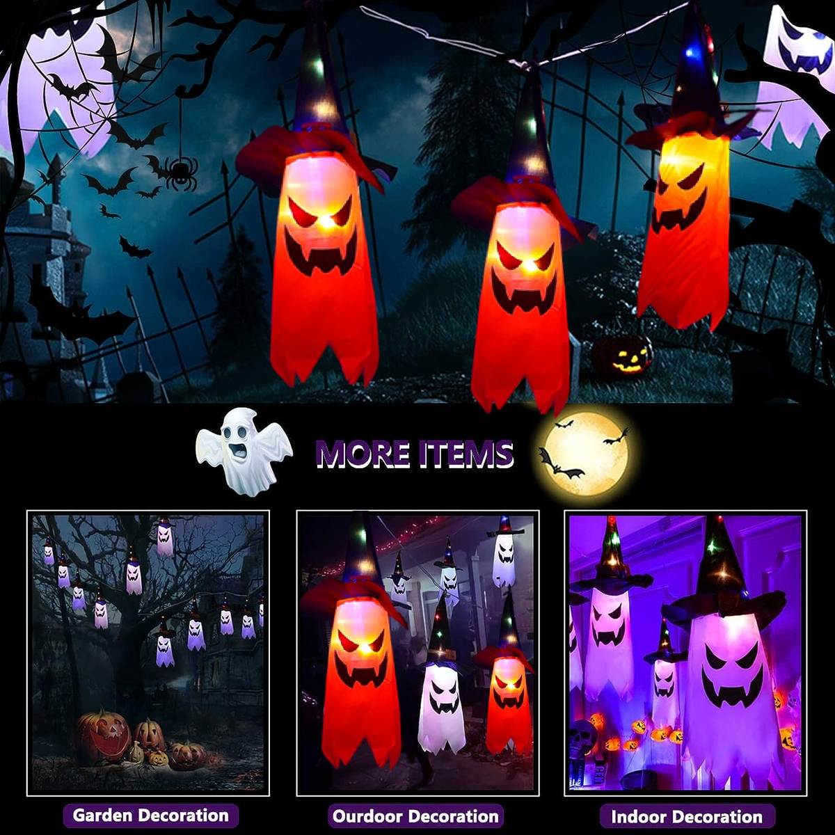 Eine Halloween-Szene mit Geistern in Hüten. Verschiedene Dekorationen und zusätzliche Bilder werden ebenfalls angezeigt.