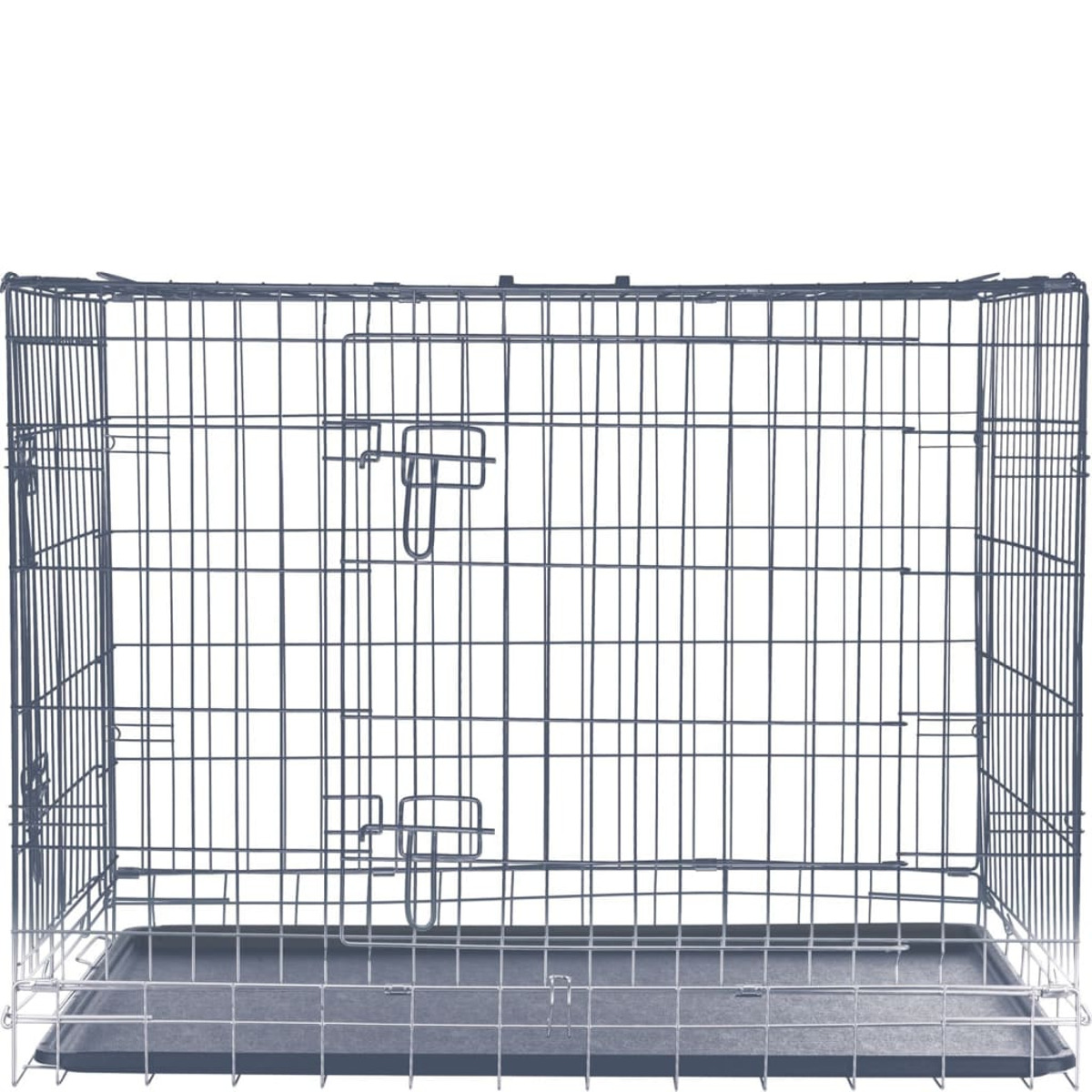 Eine metallische Hundebox. Sie ist rechteckig, mit einer Ablage unten. Der Hintergrund ist weiß.