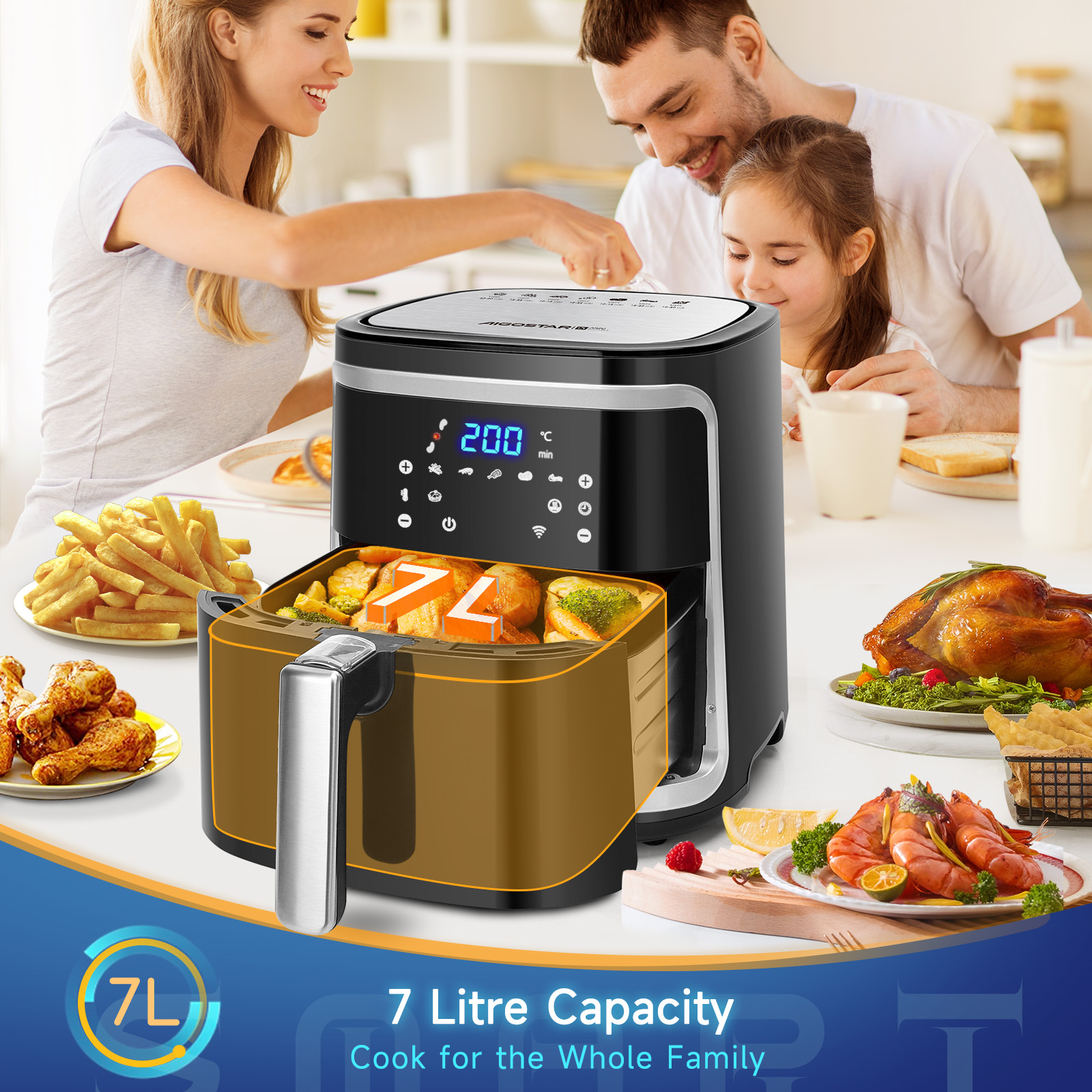 Ein schwarzer Heißluftfritteuse mit Familie und Essen auf dem Tisch. Kapazität 7 Liter.