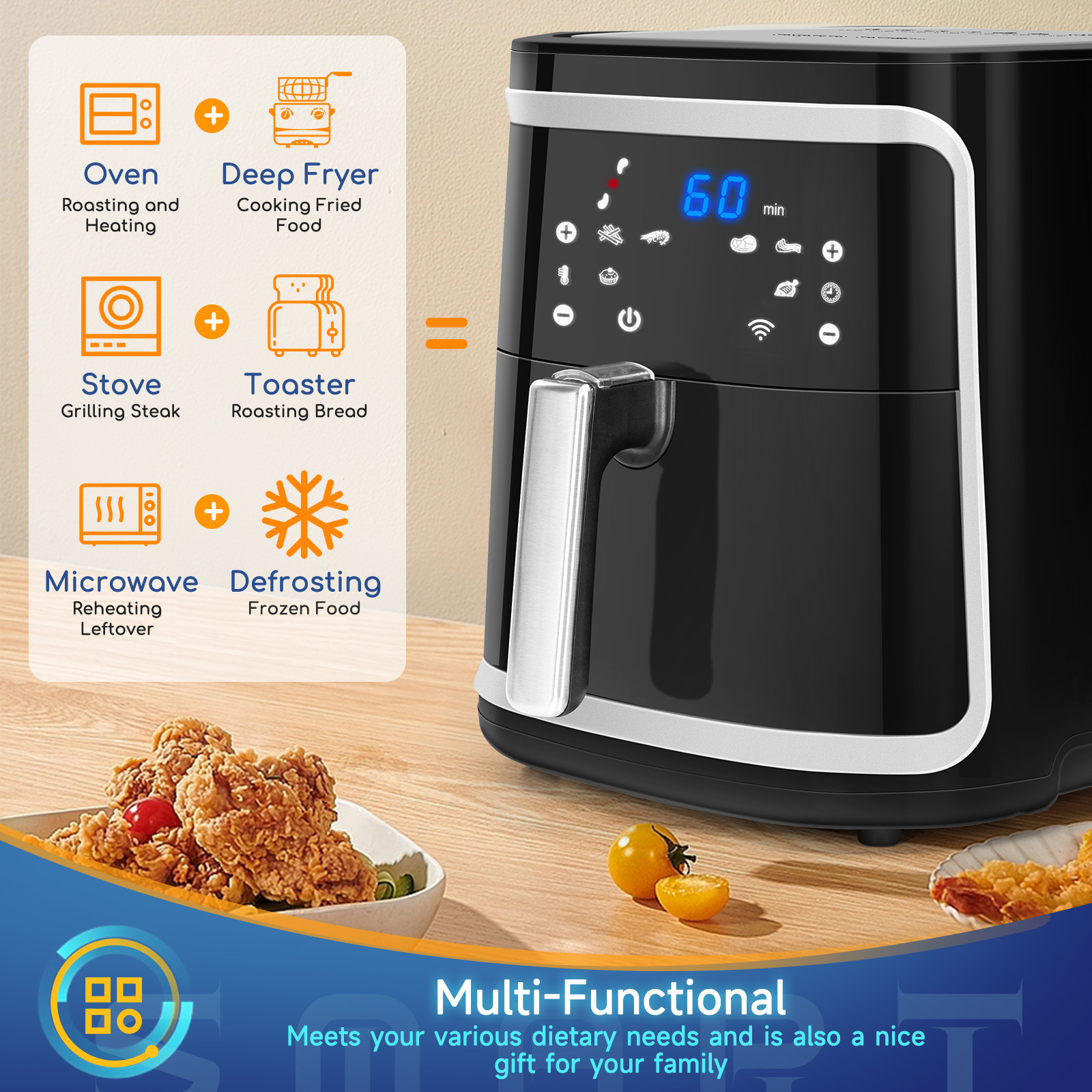 Schwarze Heißluftfritteuse mit Digitalanzeige, Icons und frittiertem Essen.