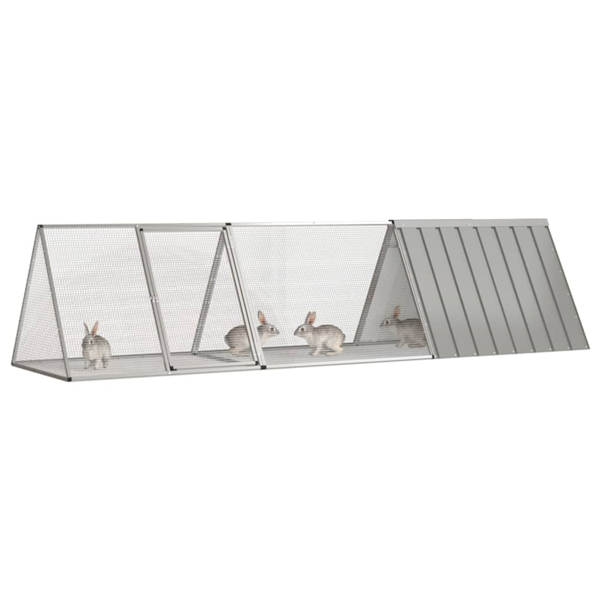 Kaninchenstall mit Kaninchen darin. Kaninchen befinden sich in einem Metallgehege. Das Gehege ist lang.