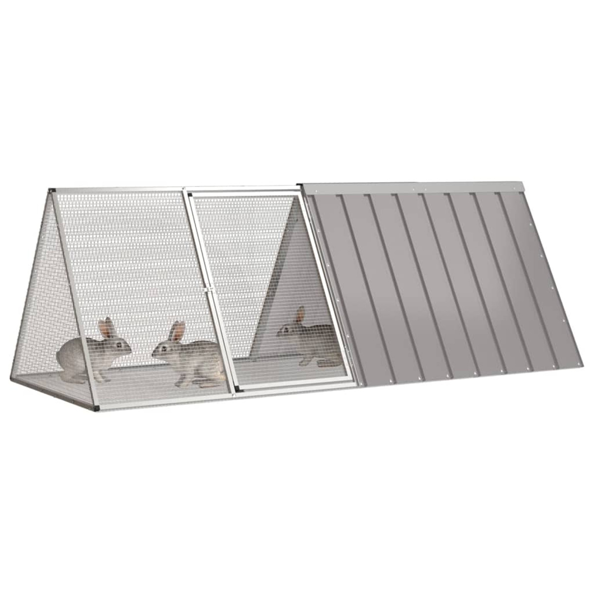 Kaninchenstall mit zwei Kaninchen im Inneren, auf weißem Hintergrund, mit Metall und Maschendraht.