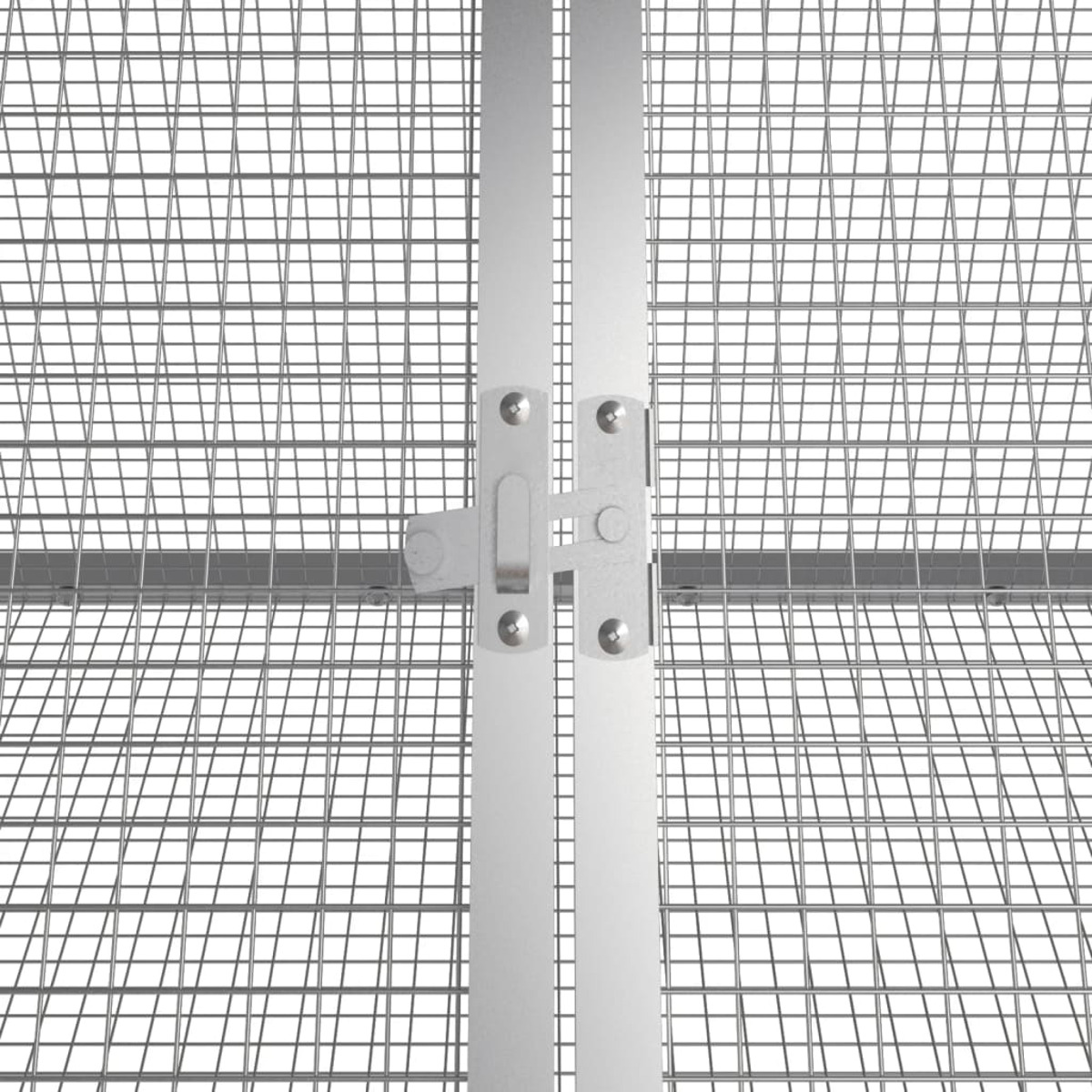 Nahaufnahme eines Metallgittertors, das Riegel und Scharniere zeigt.