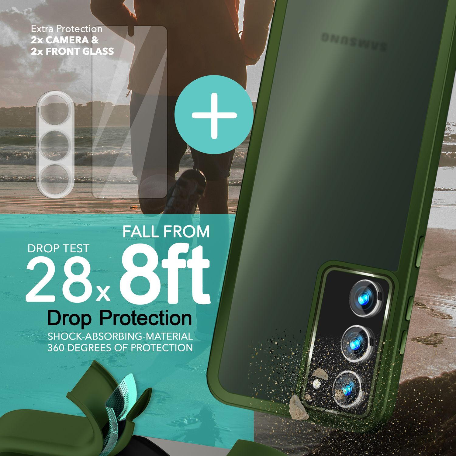 Eine grüne Handyhülle mit Telefon, zeigt Sturzschutzdetails und zusätzliche Linsenabdeckungen.