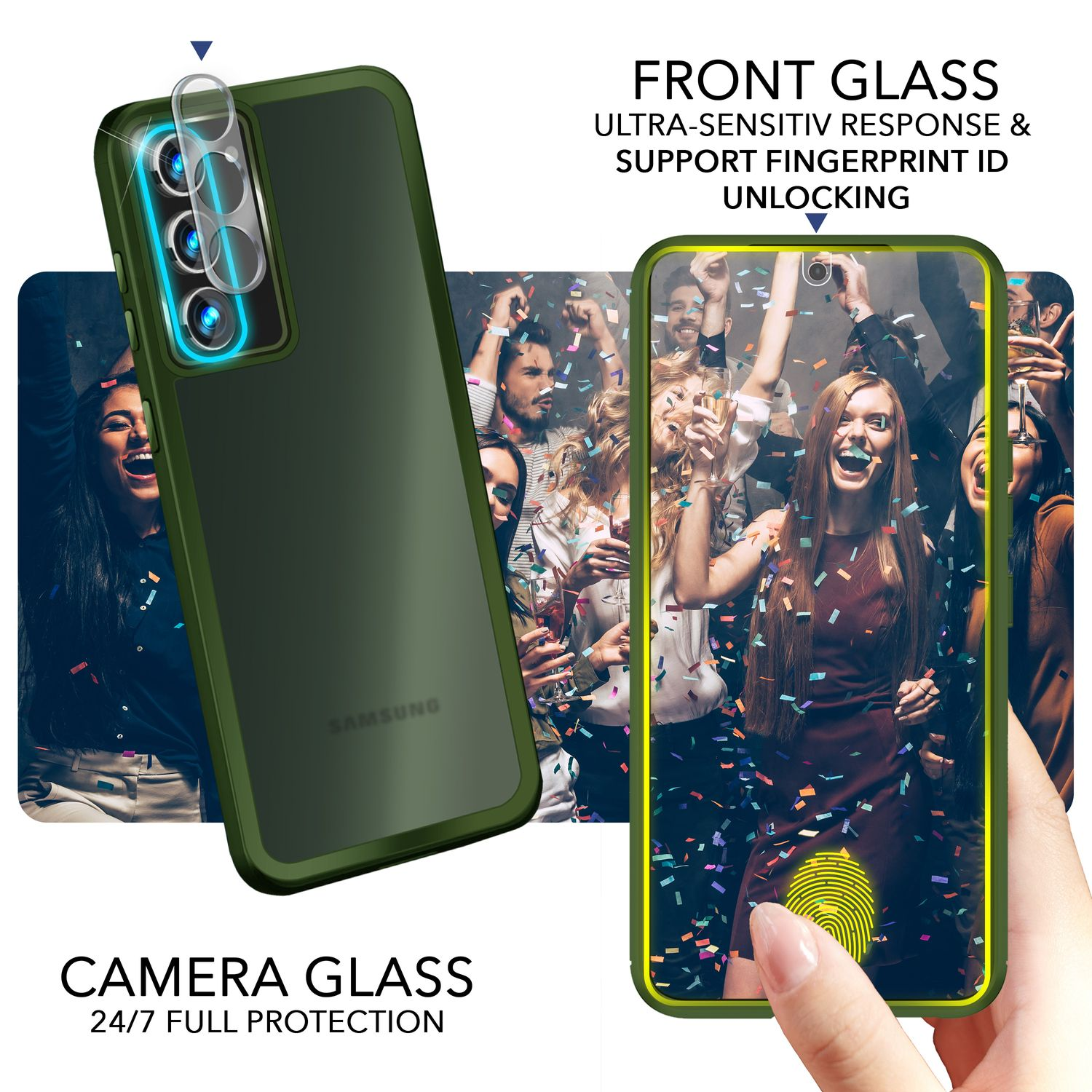 Telefon im Gehäuse. Text: Front Glass, Camera Glass. Personen im Hintergrund.