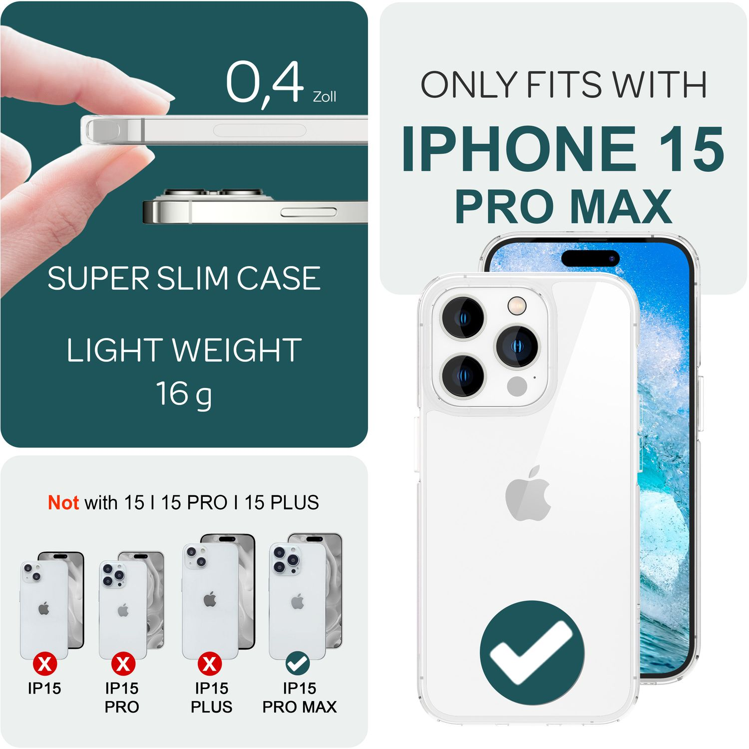 iPhone 15 Pro Max mit Hülle, Abmessungen und Kompatibilität.
