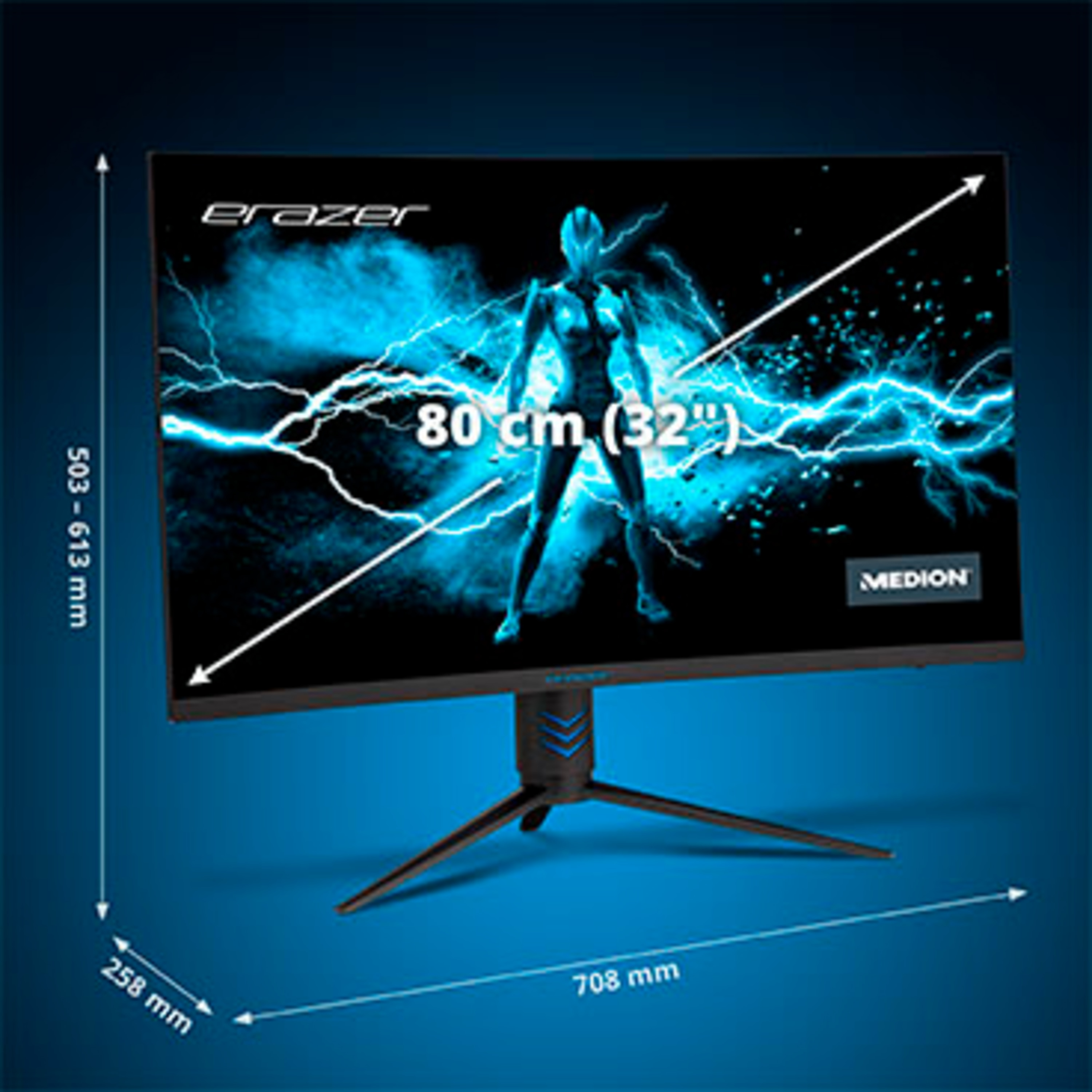 Una pantalla de computadora grande con un gráfico de una mujer y rayos, dimensiones y medidas incluidas.