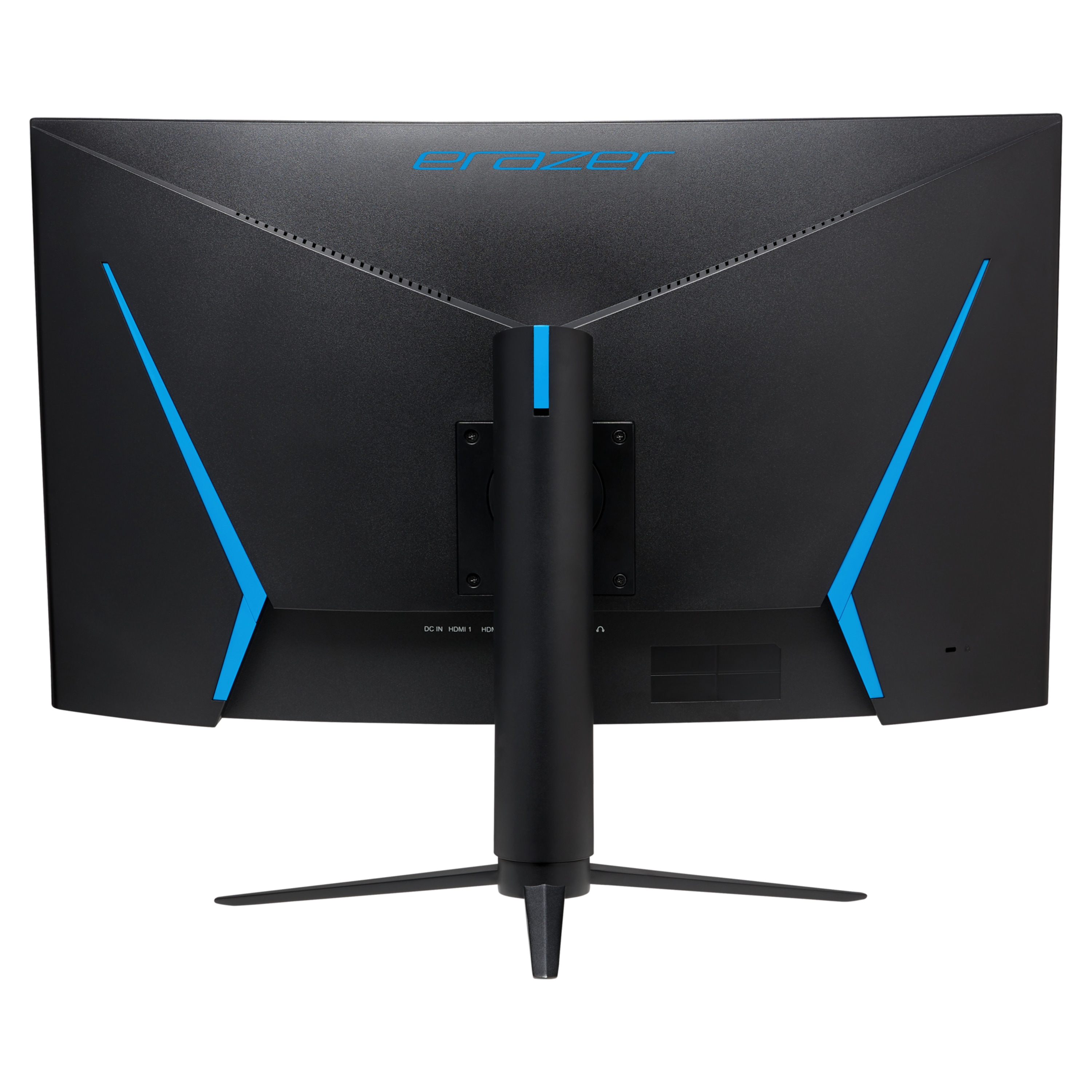 Parte trasera de un monitor de computadora negro con acentos azules y un soporte.