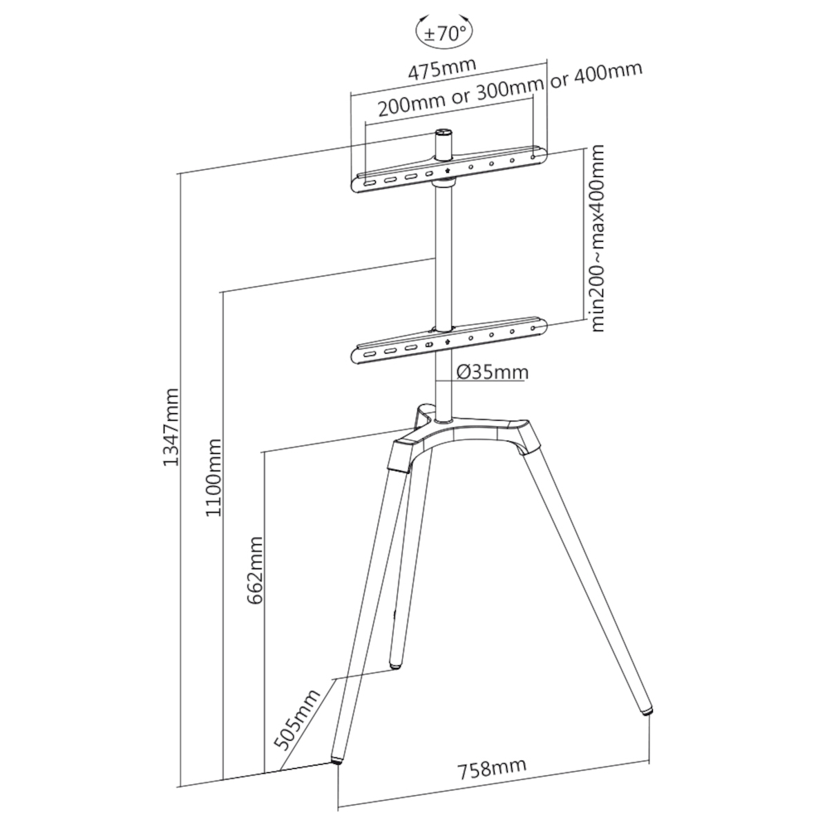 Diagramm eines TV-Ständers mit Abmessungen. Schwarz und Weiß.