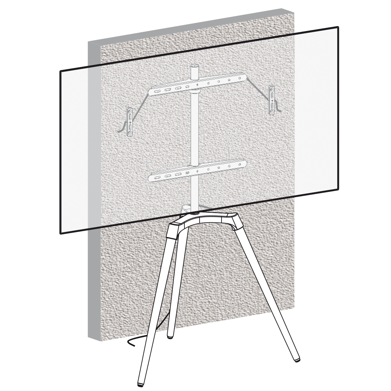 Ein Fernseher auf einem Stativ an einer strukturierten Wand befestigt. Ein klarer Bildschirm ist sichtbar.
