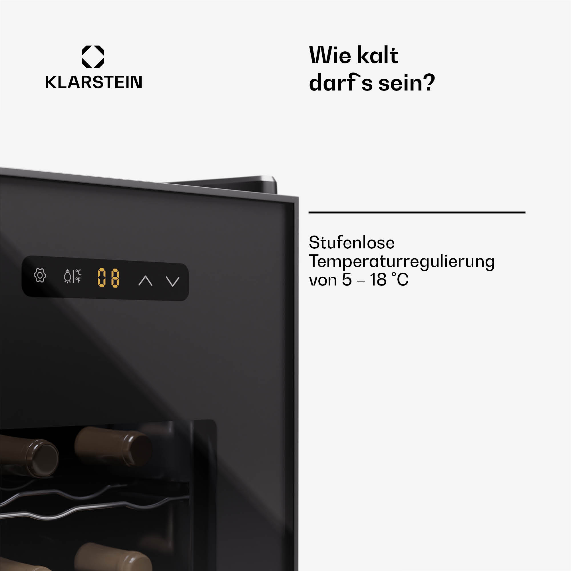 Cantinetta nera con display digitale che mostra la temperatura. Il testo dice: Quanto freddo dovrebbe essere?