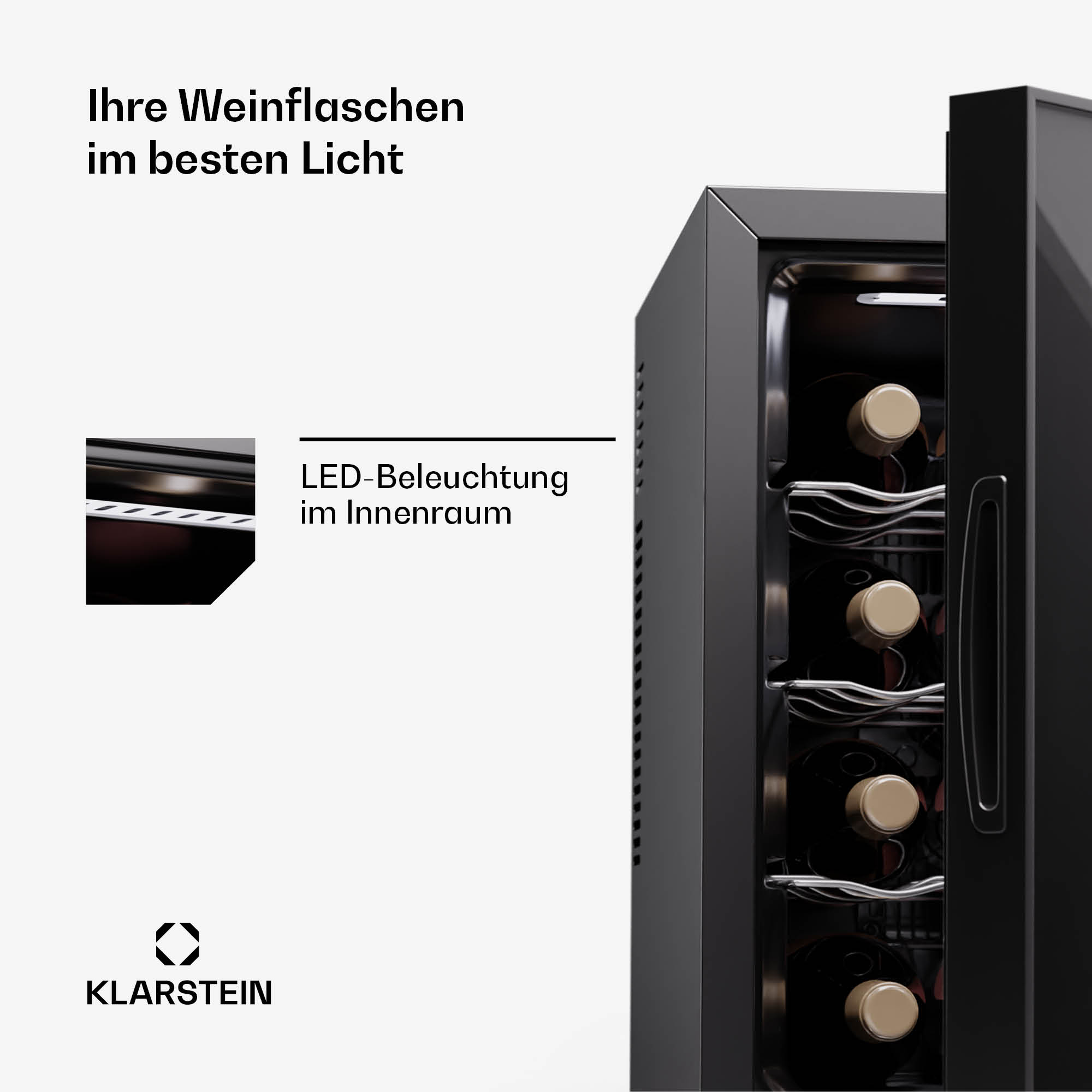 Un refrigeratore per vino nero con diverse bottiglie di vino visibili all'interno.