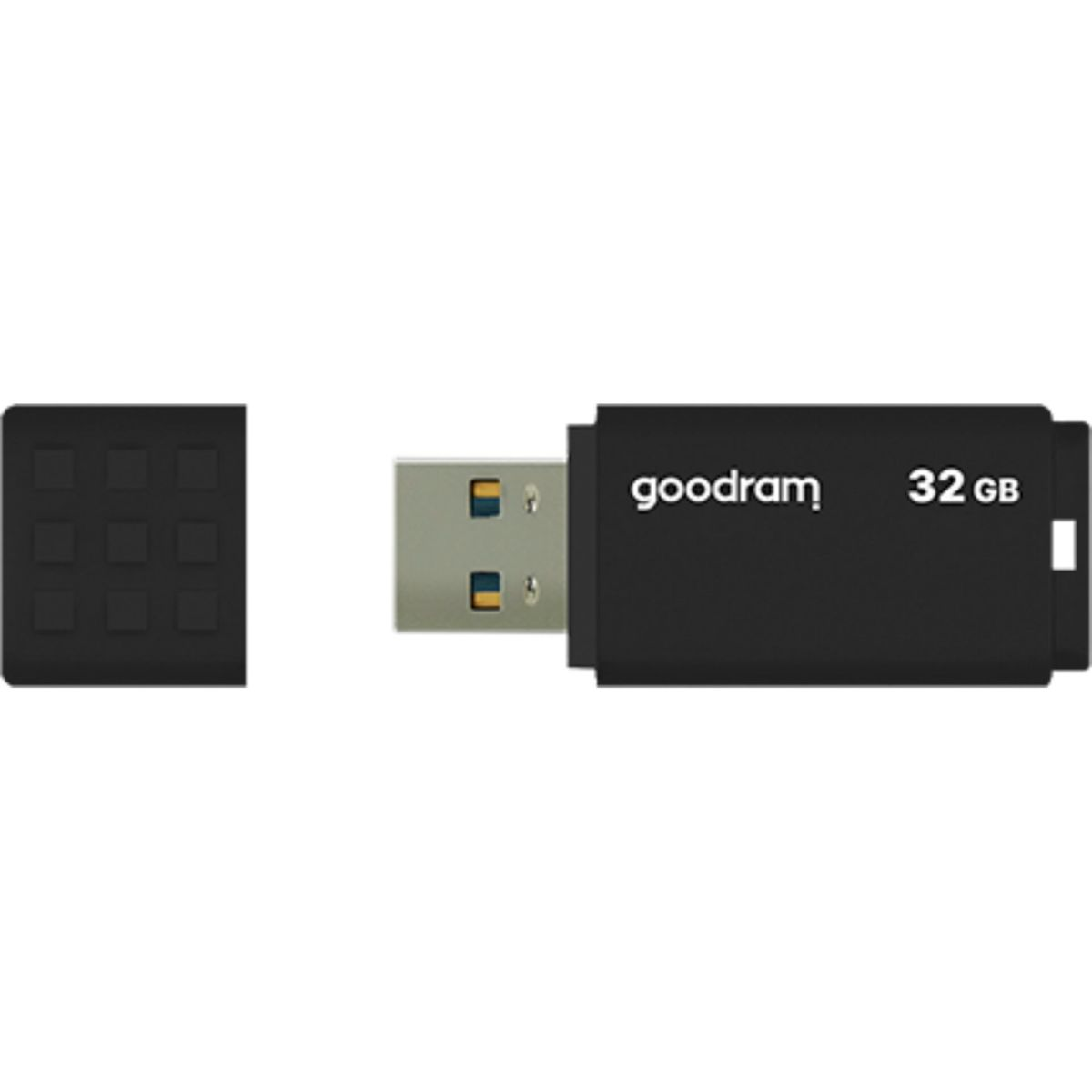 Czarny pendrive Goodram 32GB z nakrętką obok.