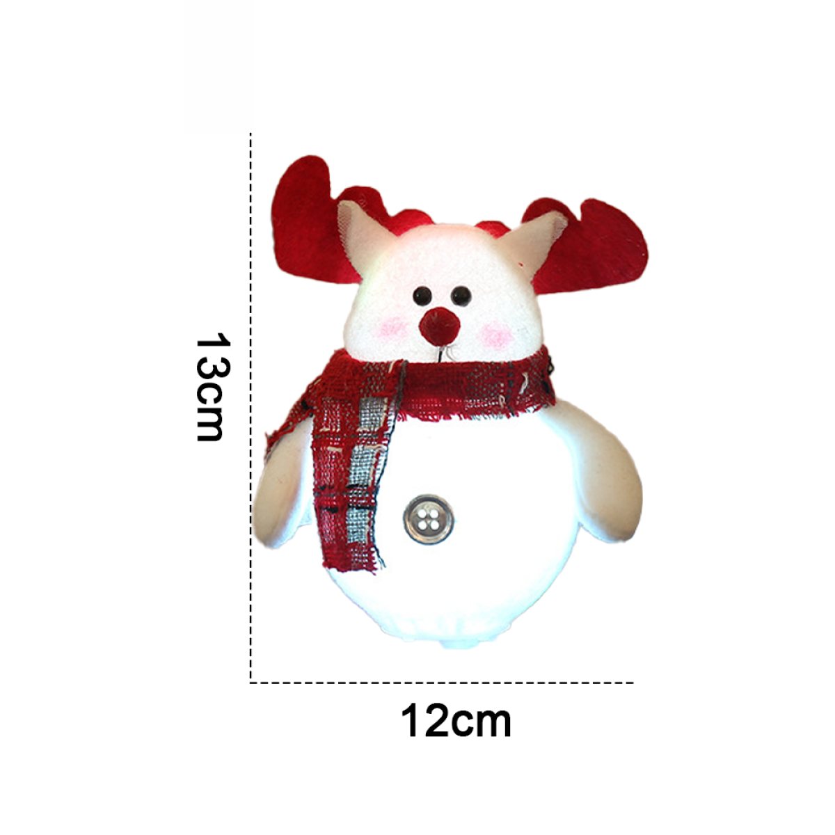 Ein schneemannartiger Weihnachtsschmuck mit rotem Schal und Geweih. Maße: 13 cm hoch und 12 cm breit.