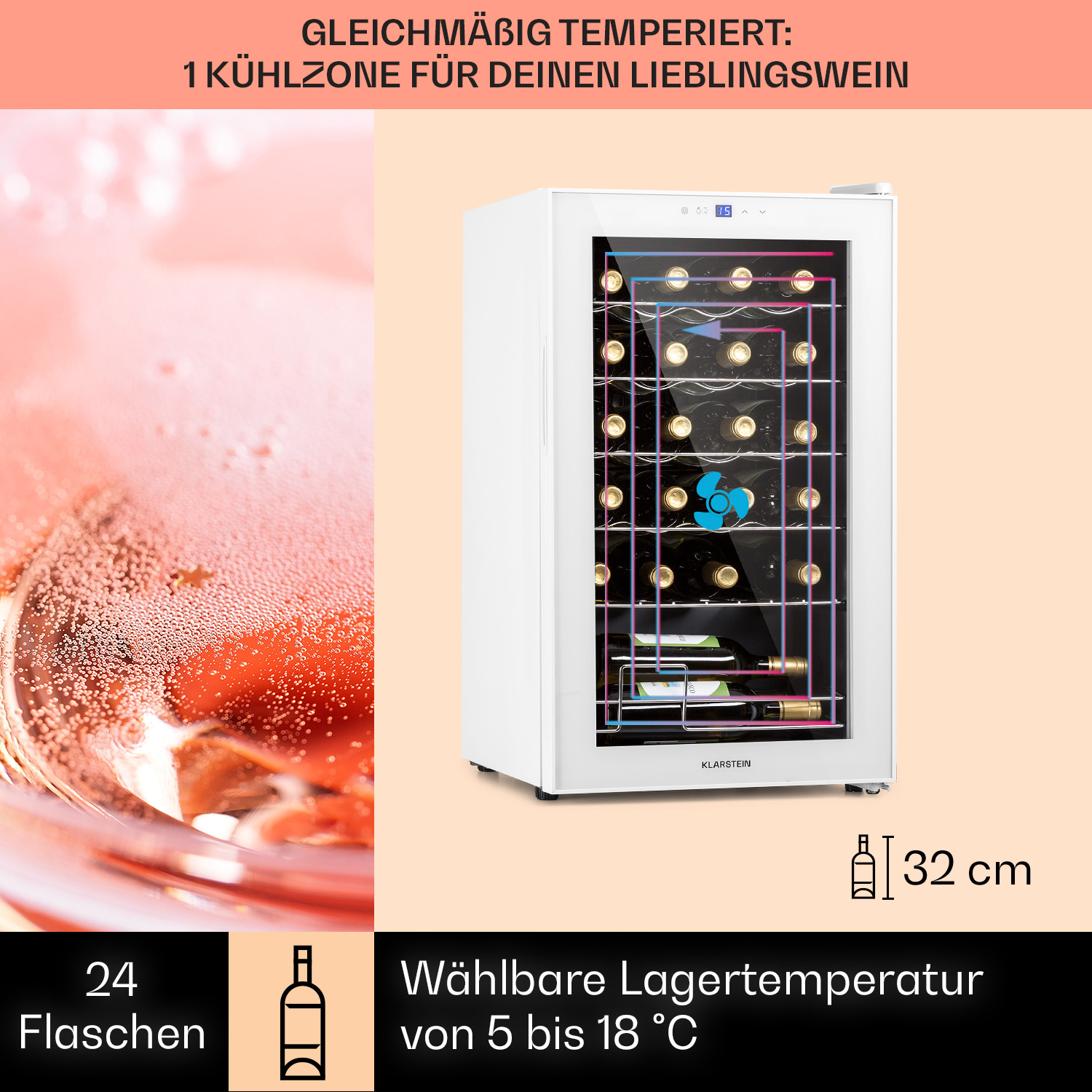 Una nevera para vinos blanca con botellas y texto: '1 zona de refrigeración para tu vino favorito'.