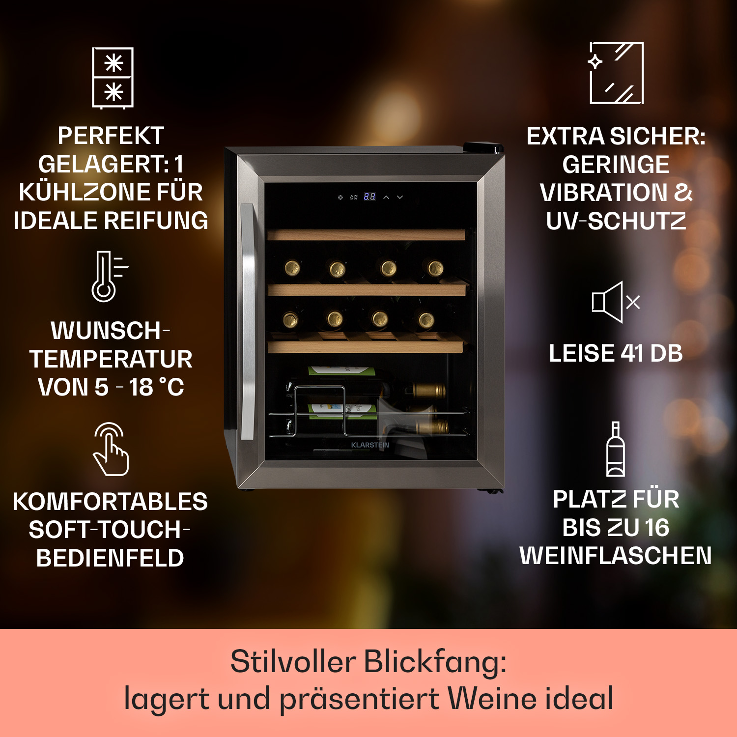 Frigorifero per vino con bottiglie, testo in tedesco, su sfondo bianco.