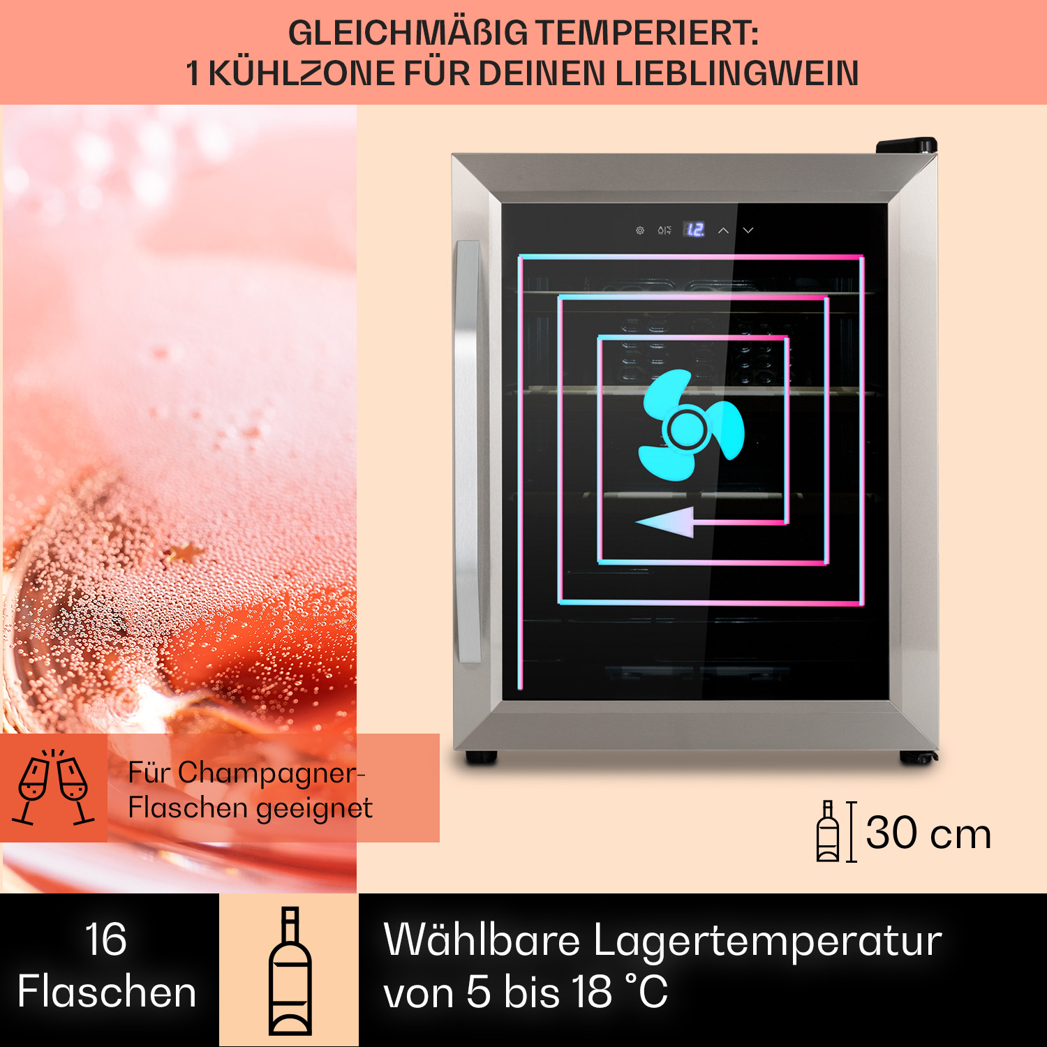 Cantinetta con porta trasparente, che mostra bottiglie di vino e una ventola, accanto a un bicchiere di bevanda rosa.