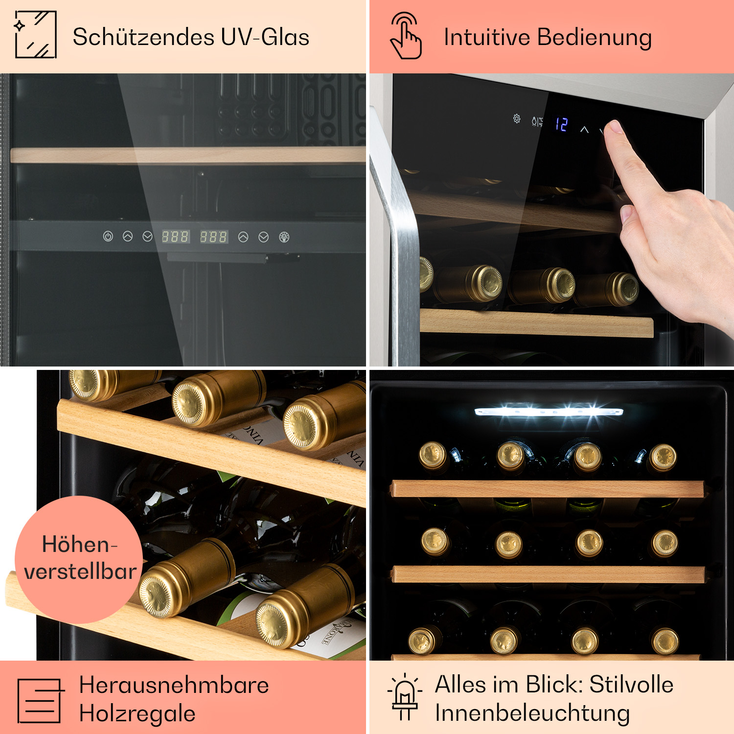Quattro immagini di un refrigeratore per vino, che mostrano le caratteristiche, e una mano che tocca uno schermo. Sovrapposizioni di testo.