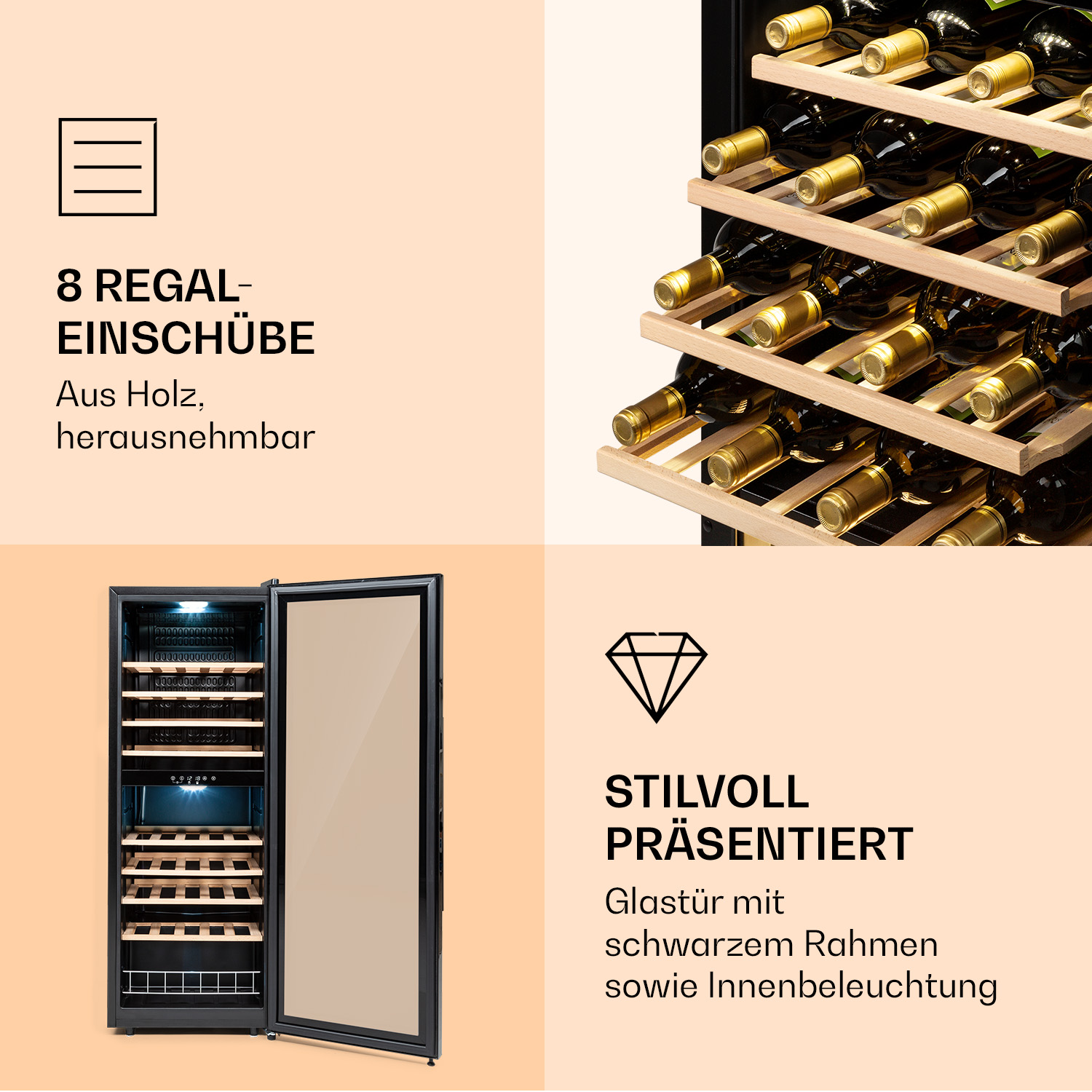 Un refrigeratore per vino. Ha ripiani in legno e bottiglie di vino, con testo.