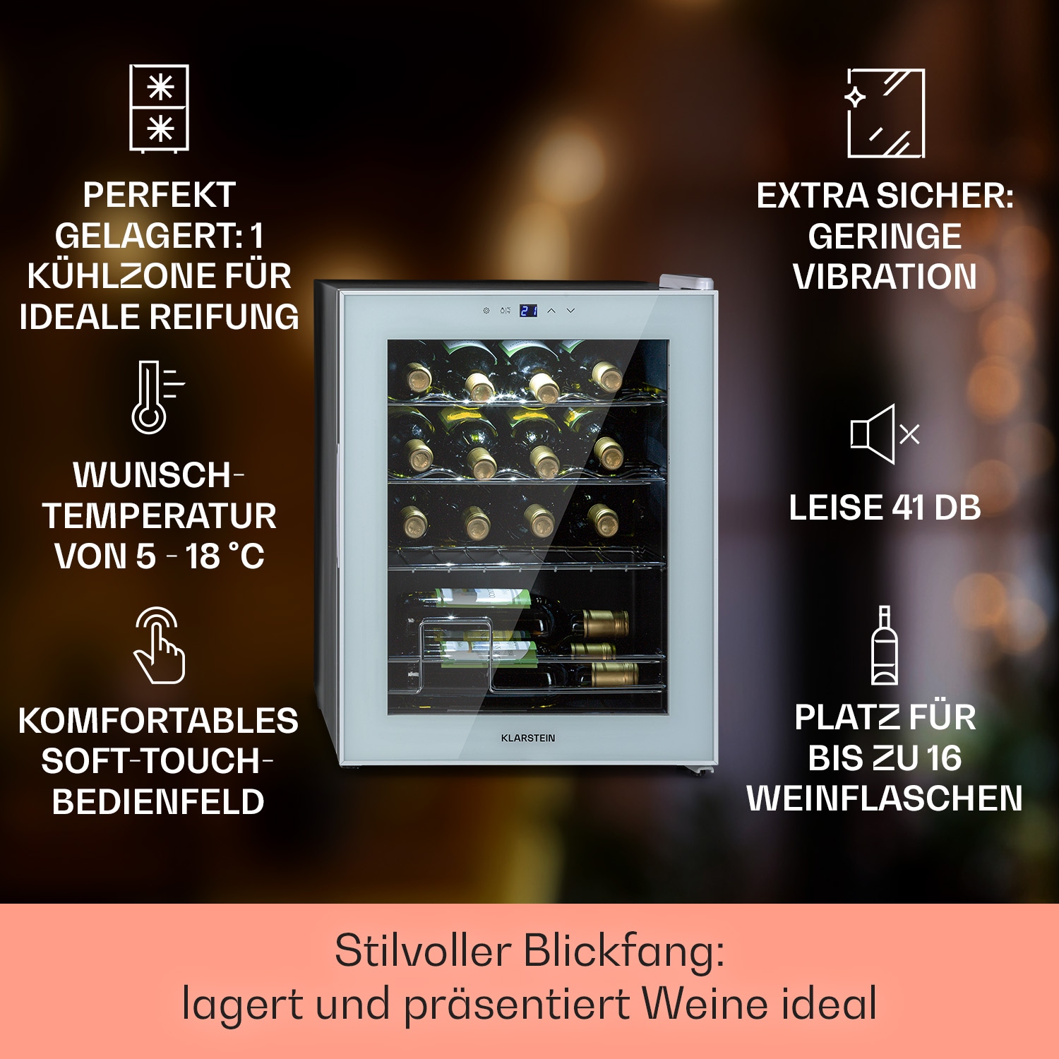 Una cantinetta che mostra bottiglie di vino con etichette descrittive, con varie icone intorno.