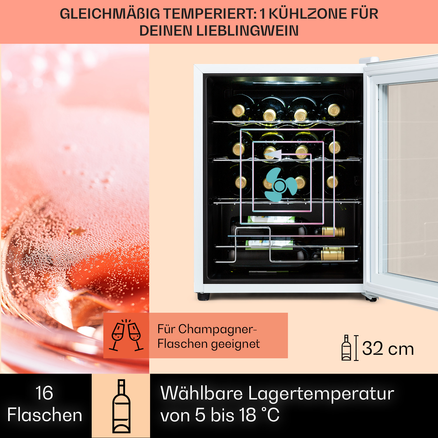 Un refrigeratore per vino con più bottiglie di vino all'interno. La porta è aperta e il testo è in tedesco.