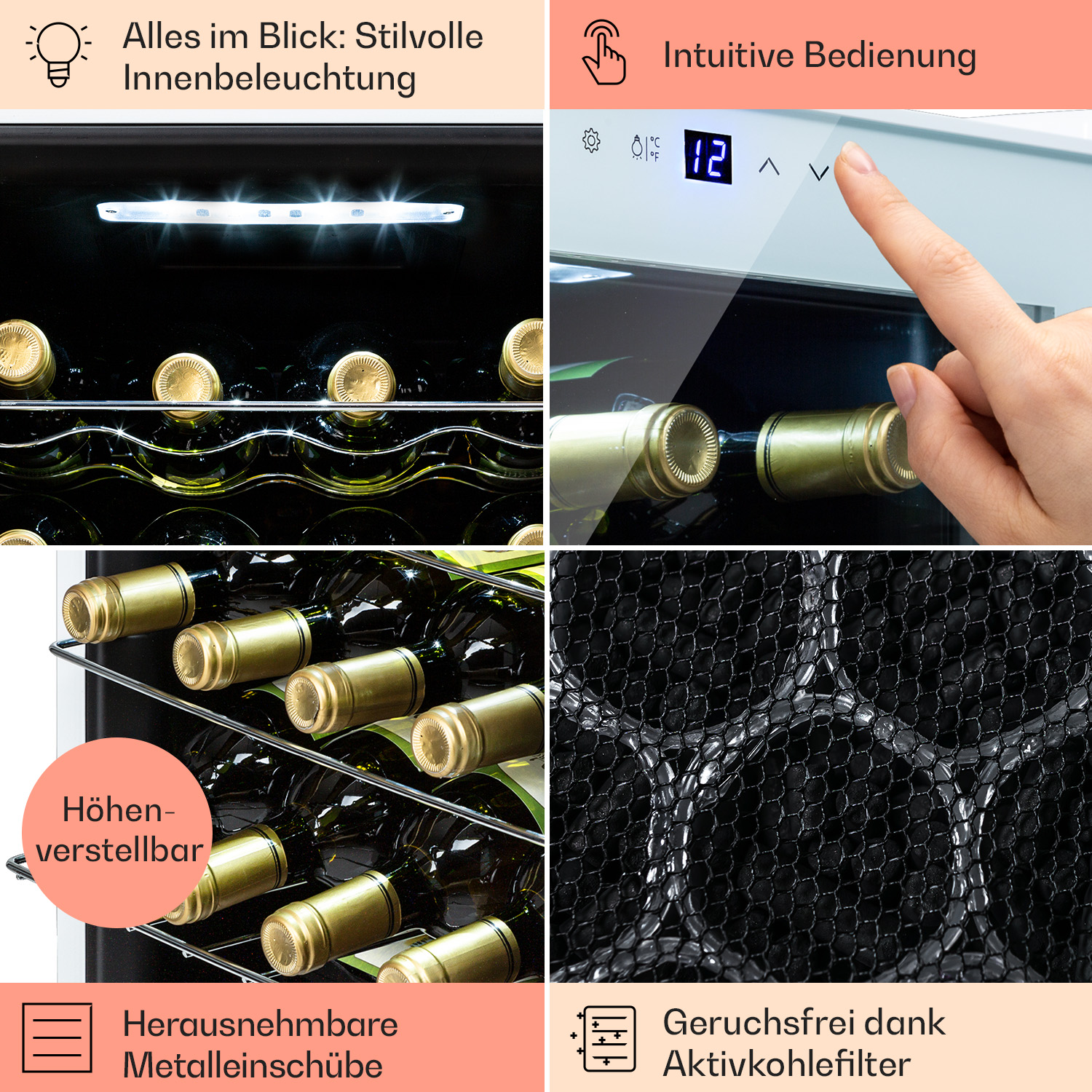 Dettagli del frigorifero per vino, che mostrano illuminazione, bottiglie, ripiani e filtro.
