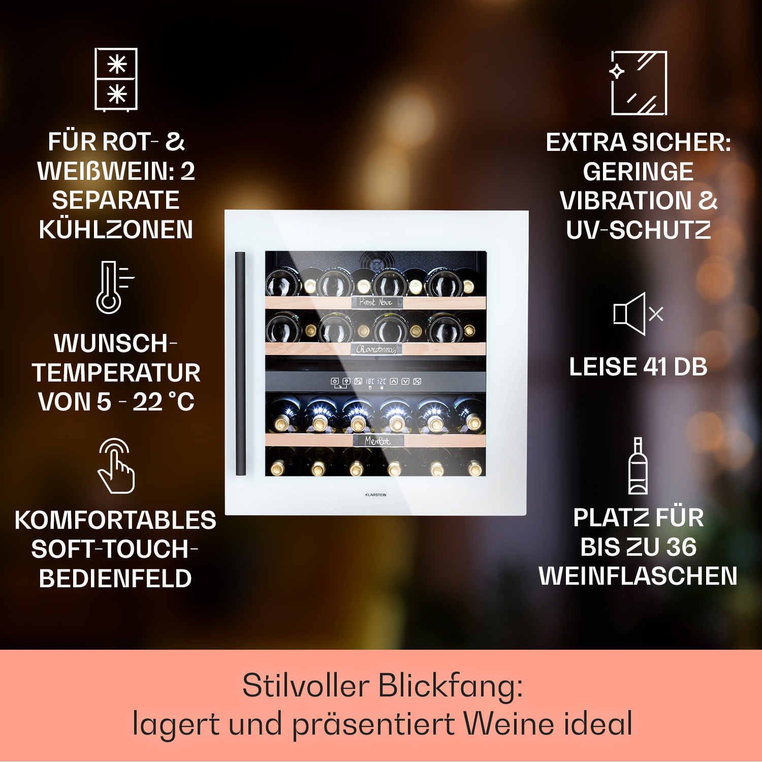 Weinkühlschrank mit Flaschen. Text auf Deutsch und Symbole an der Seite.
