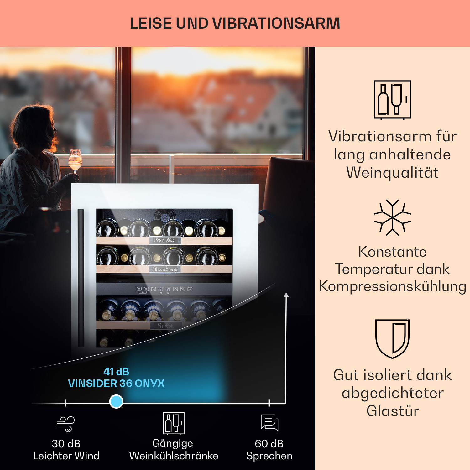 Weinkühler mit Text zu Geräuschpegeln und Wein. Im unscharfen Hintergrund eine Frau.