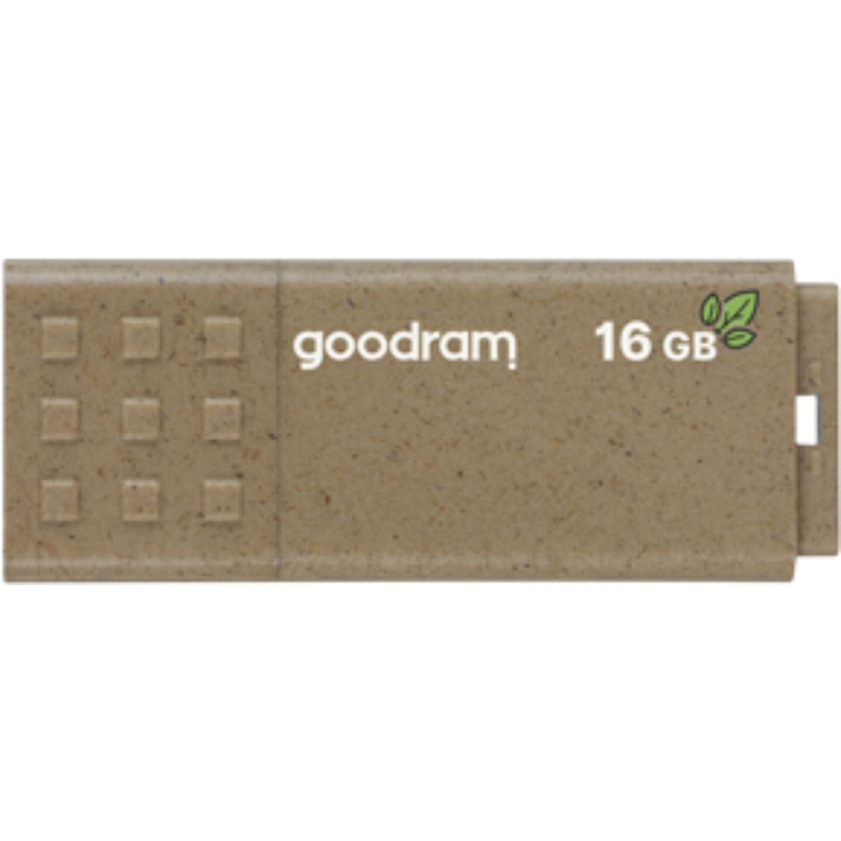 Beżowy pendrive USB z logo Goodram i nadrukiem 16 GB.