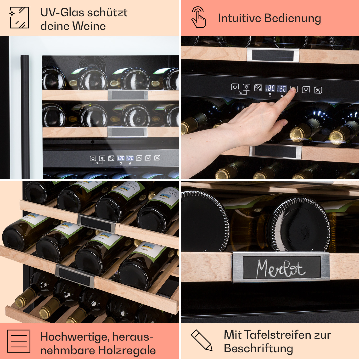Nahaufnahme eines Weinkühlers mit Weinflaschen, Regalen und Bedienelementen. Verschiedene Texte & Icons.