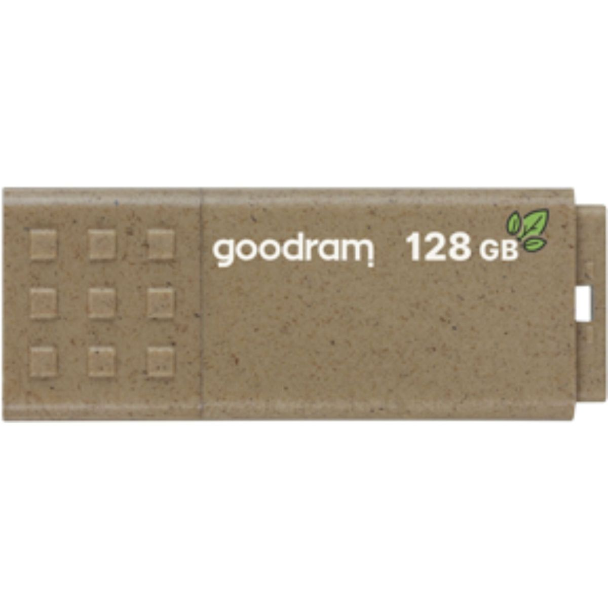 Beżowy pendrive USB z logo goodram i nadrukiem 128 GB.