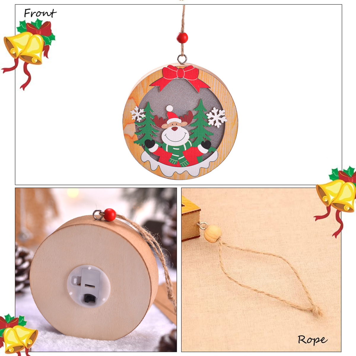 Weihnachtsbaumschmuck aus Holz mit Rentier, Bäumen und Schneeflocken. Enthält Details von Vorderseite, Rückseite und Aufhängeschnur.