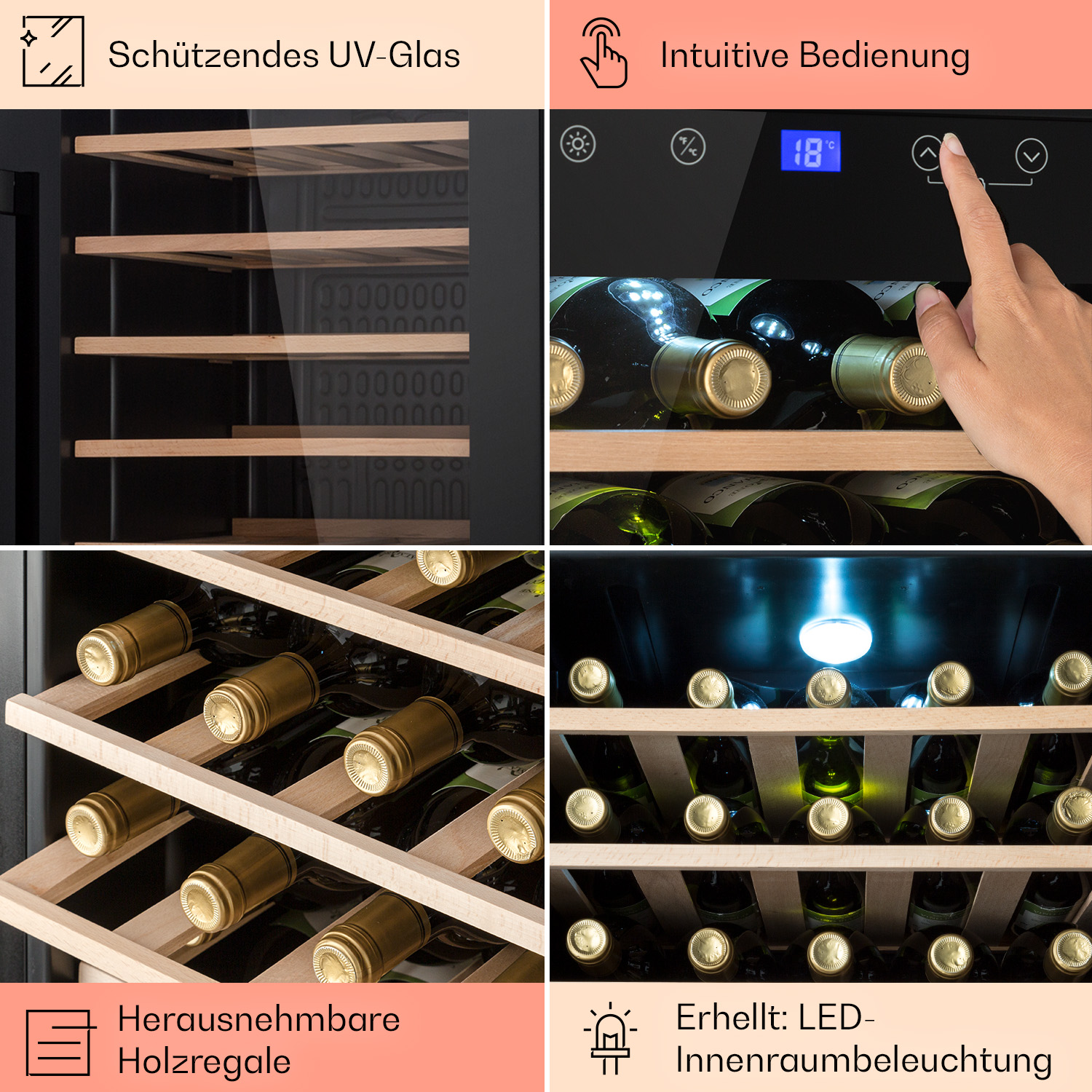 Ein Weinkühler mit Holzregalen, Weinflaschen und einem Bedienfeld mit digitaler Anzeige.