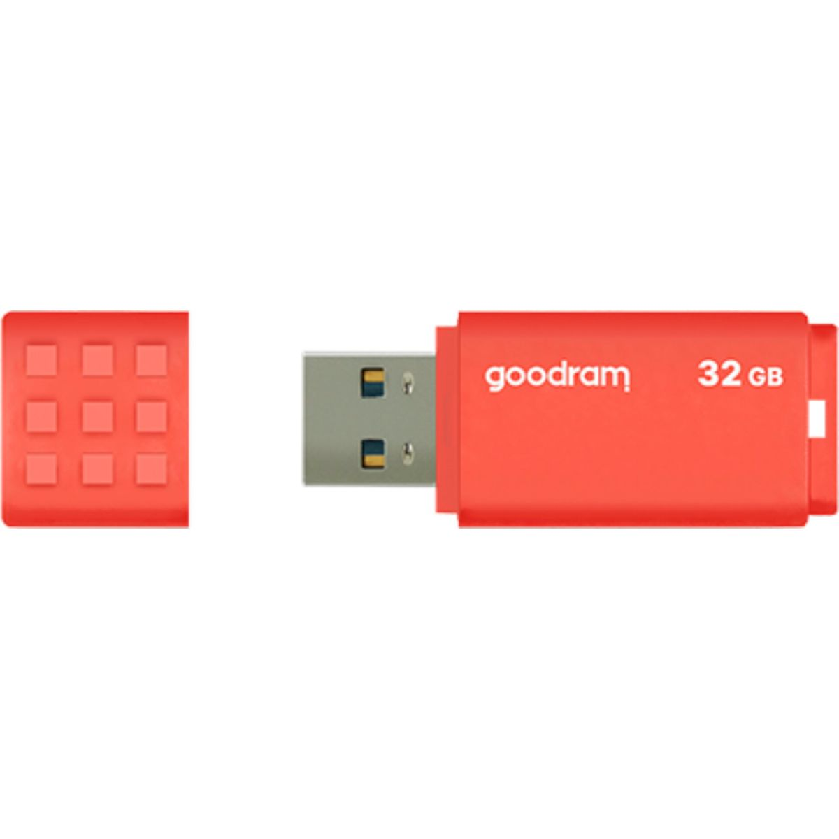 Czerwony pendrive Goodram 32 GB z nakrętką. Nakrętka odłączona i leży obok.