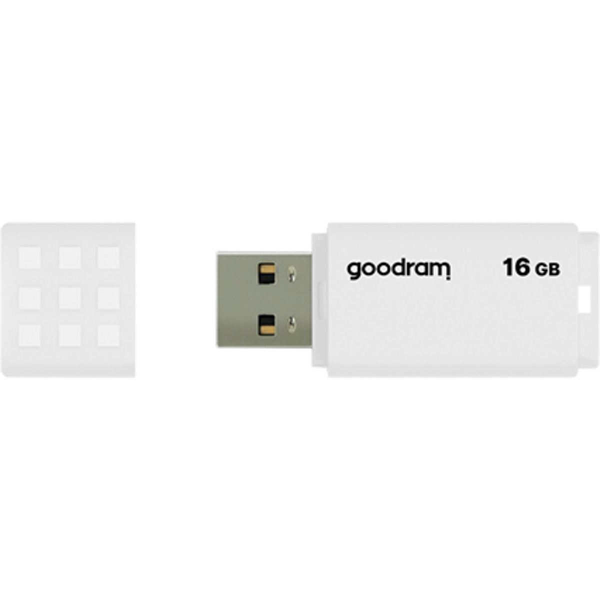 Biały pendrive 16 GB z nasadką. Białe tło.