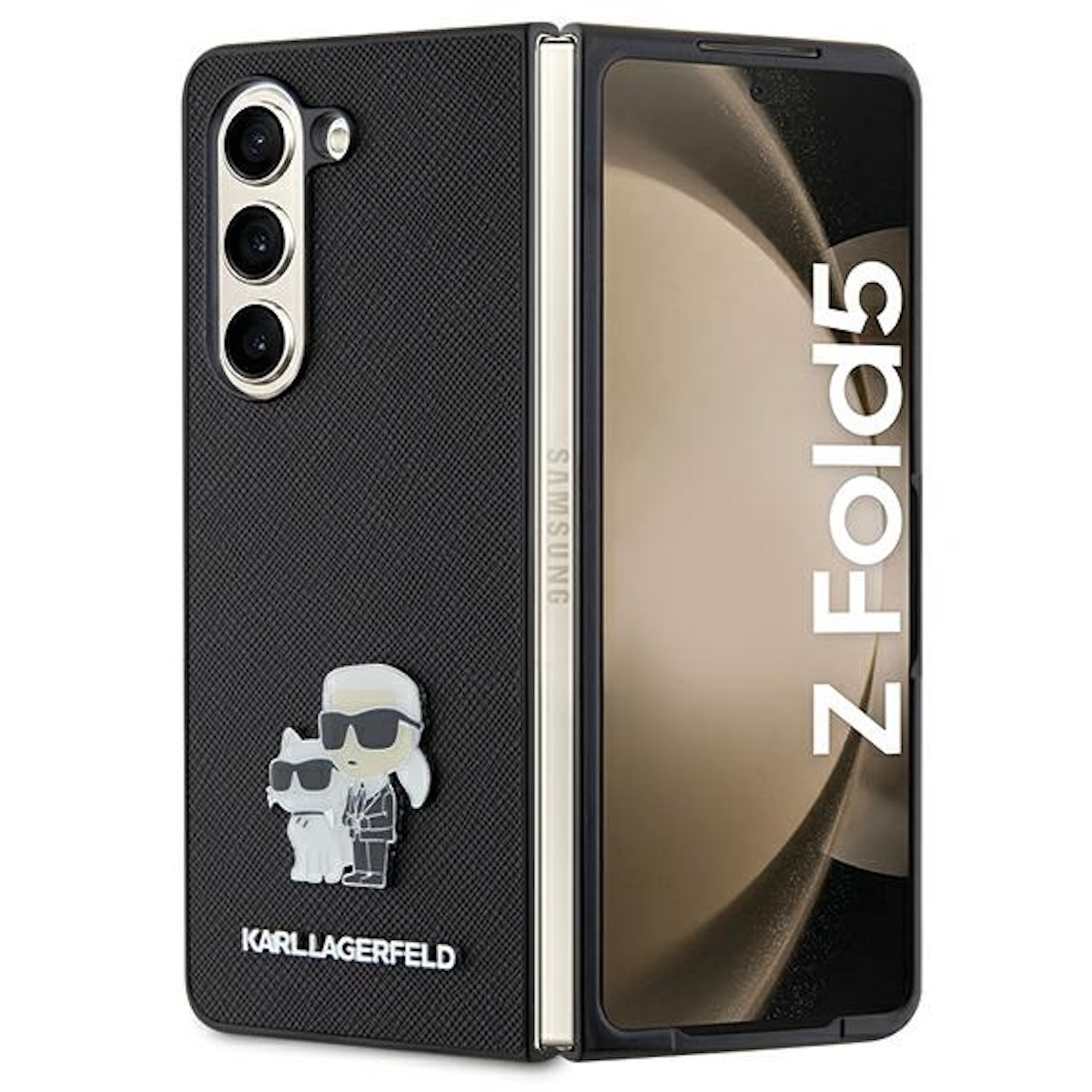 Custodia nera per telefono con design Karl Lagerfeld e telefono Samsung Z Fold5.