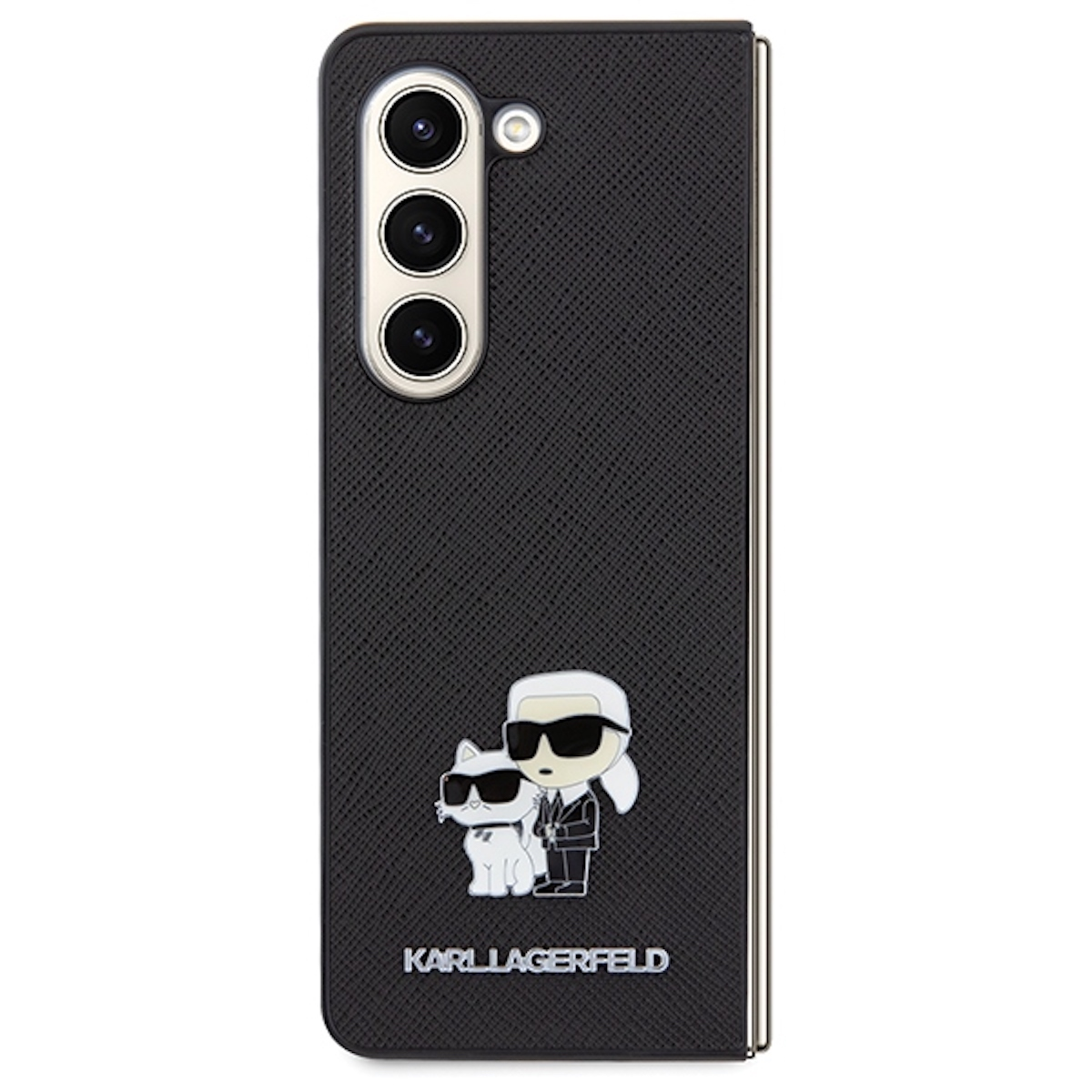 Una custodia per telefono nera con un design Karl Lagerfeld con un gatto e il designer con occhiali da sole.