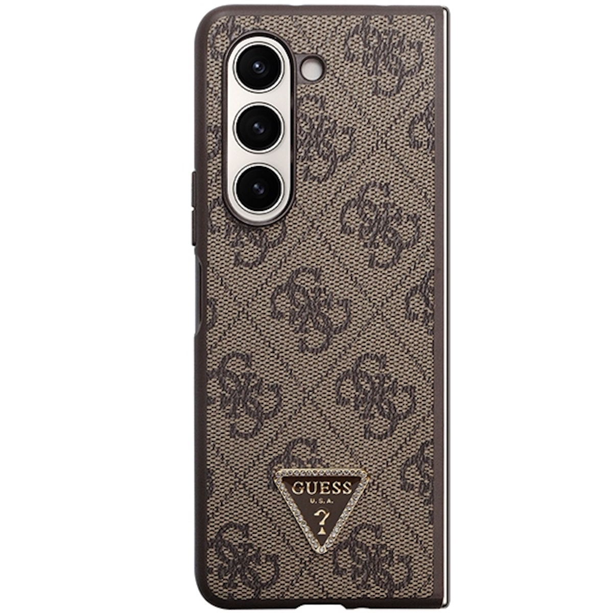 Una custodia per telefono con motivo Guess marrone e un modulo fotocamera.