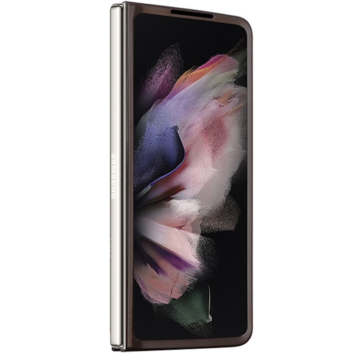 Uno smartphone piegato con esterno marrone e schermo con immagine astratta colorata.