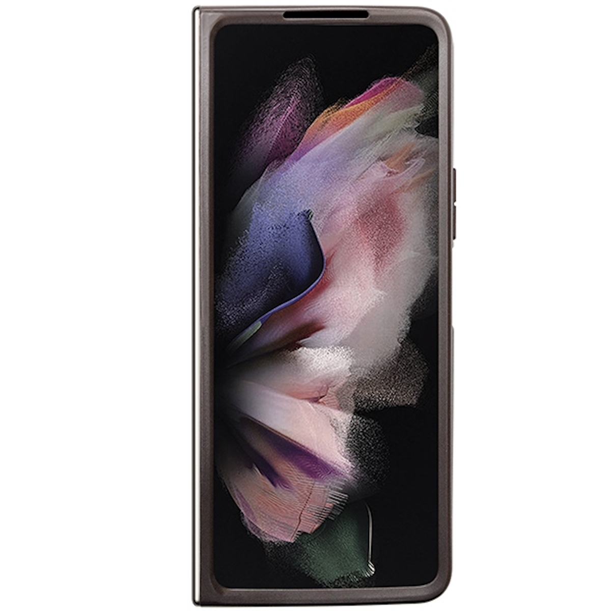 Telefono pieghevole con display chiuso, che mostra un'immagine astratta colorata. La cornice del telefono è di colore metallico scuro.