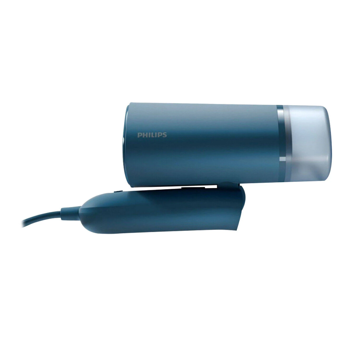 Cámara web azul grisácea con cuerpo cilíndrico y base adjunta. La marca es Philips.