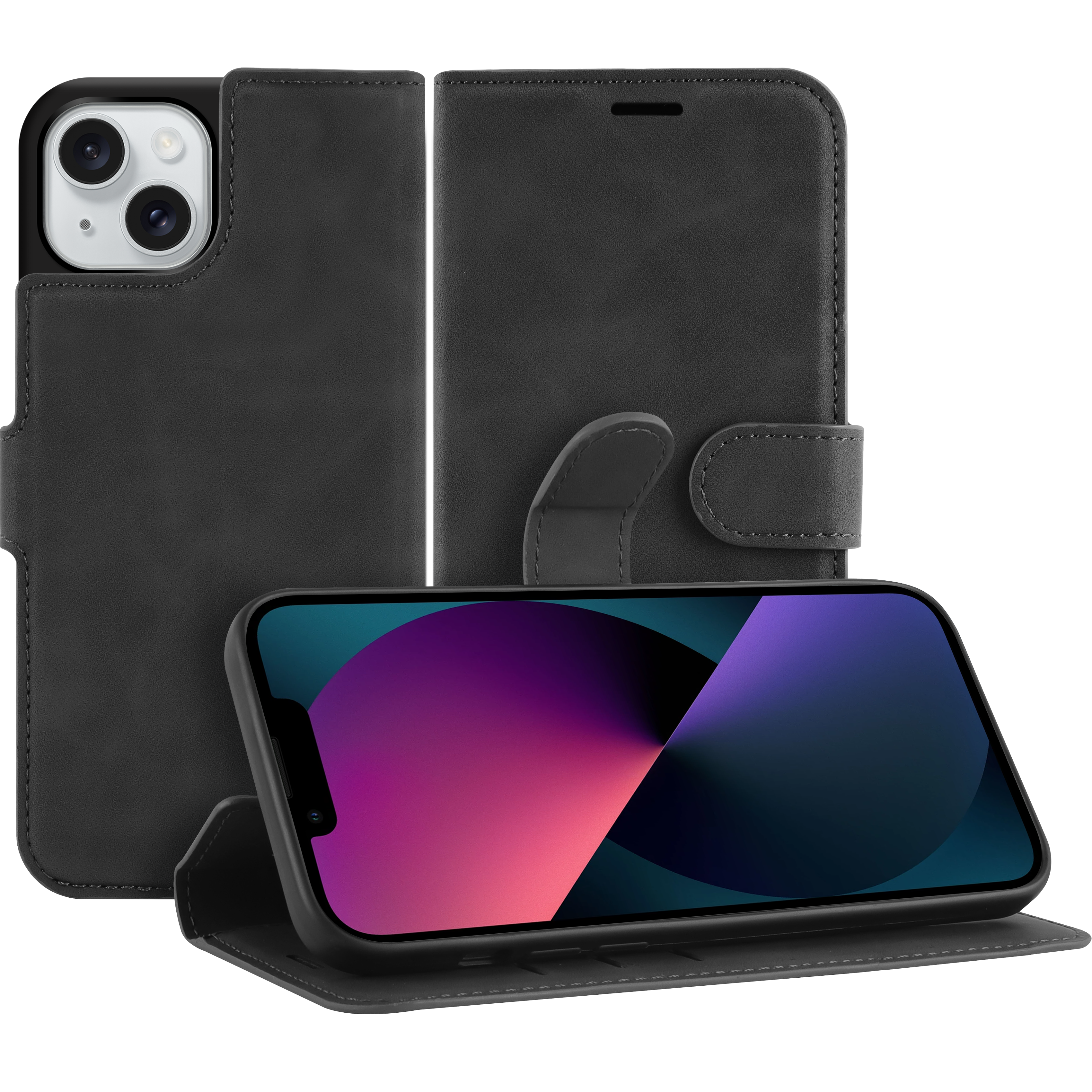 Schwarze Handyhülle mit Telefon darin.