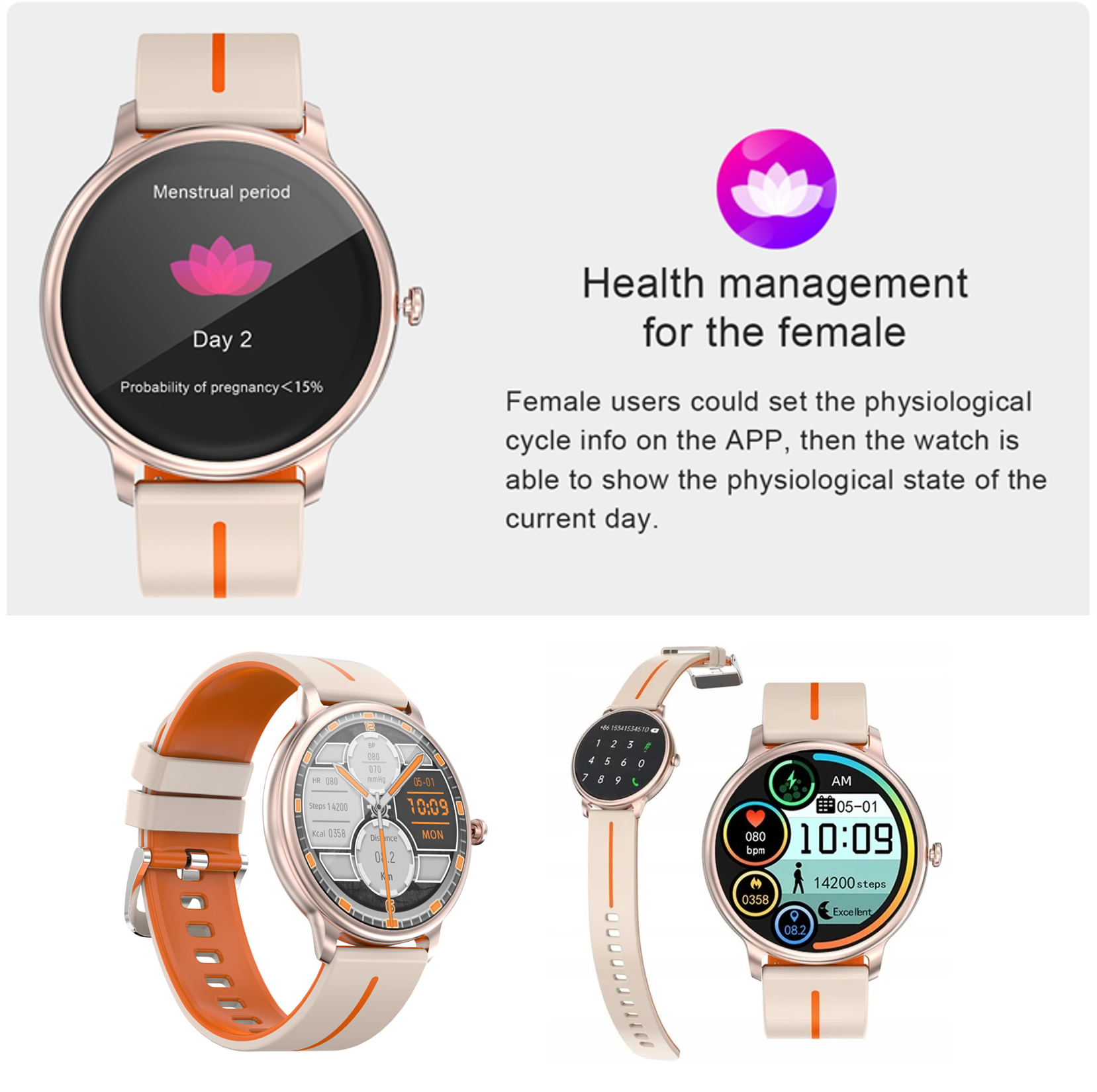 Smartwatch, zeigt Informationen über die Menstruation. Zusätzliche Gesundheits- und Schrittdaten sichtbar.