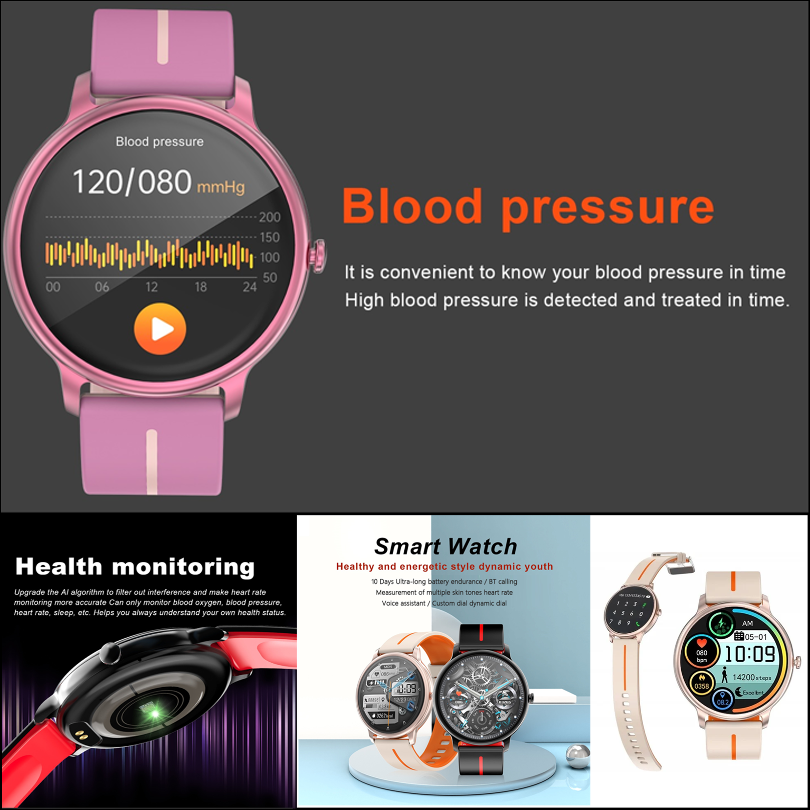 Smartwatches und Blutdruckgrafik mit Text. Weißer Hintergrund.