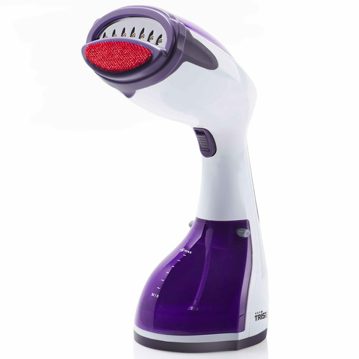 Vaporizador de ropa de mano blanco y morado. Tiene un accesorio de cepillo rojo y un depósito de agua morado.