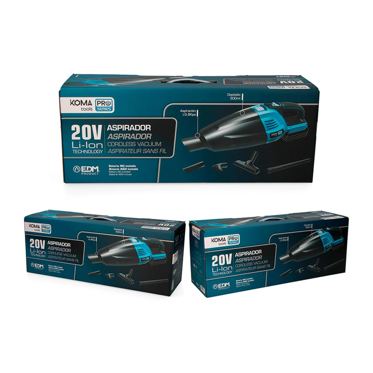 Tre immagini di una scatola di aspirapolvere. La scatola è principalmente blu e nera.
