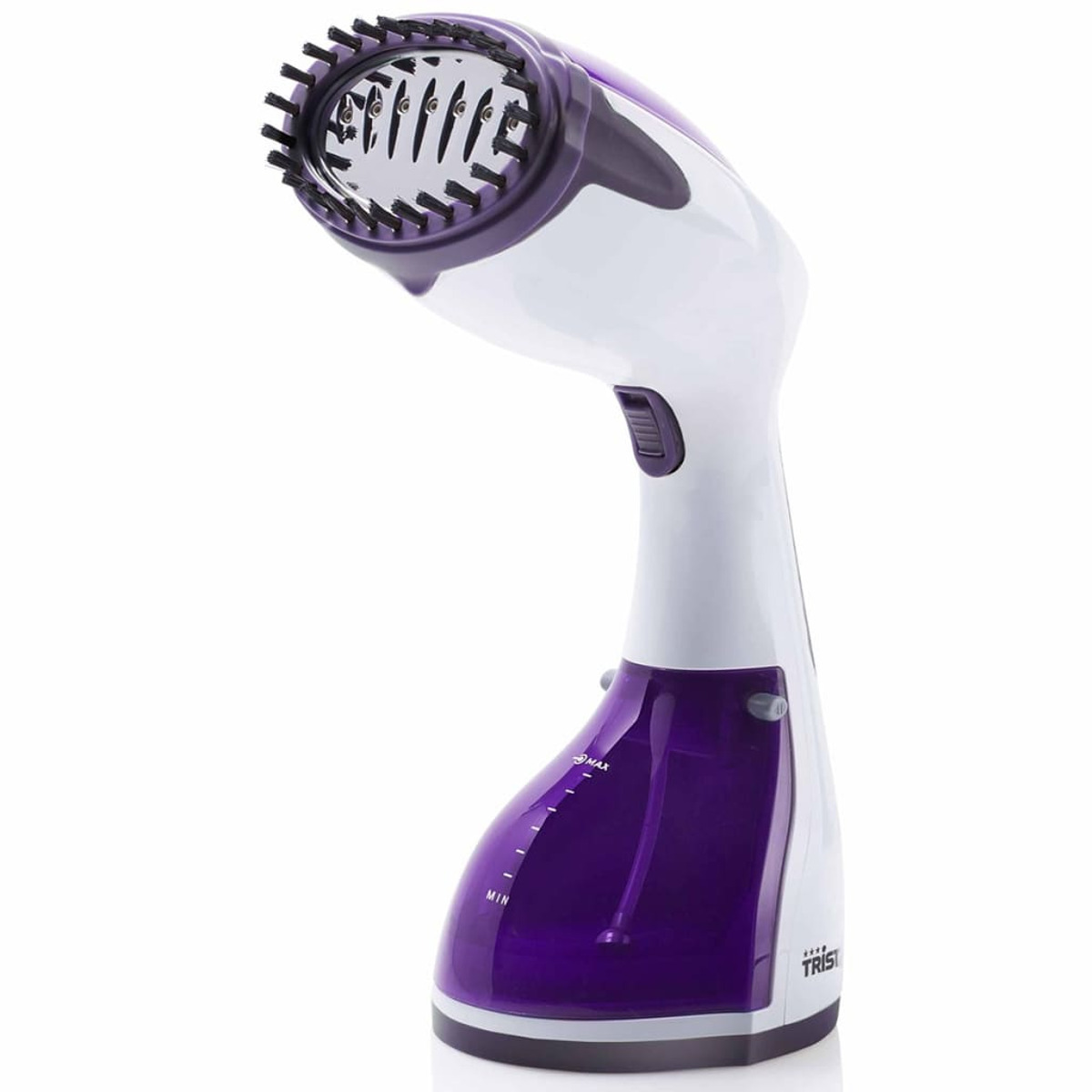 Vaporizador de ropa blanco y morado sobre fondo blanco, vista en ángulo.